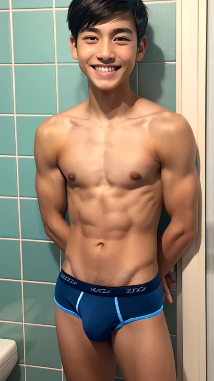 Japanese men、13 years old、Muscles and smooth skin、Very short black hair、A relaxed and friendly smile、Orange thin boxer briefs、The whole body is well visible、Posing in the bathroom、