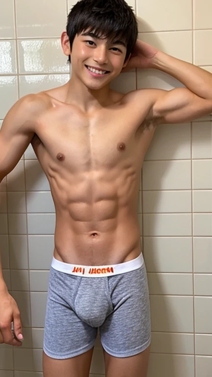 Japanese men、、Muscles and smooth skin、Very short black hair、A relaxed and friendly smile、Orange thin boxer briefs、The whole body is well visible、Posing in the bathroom、