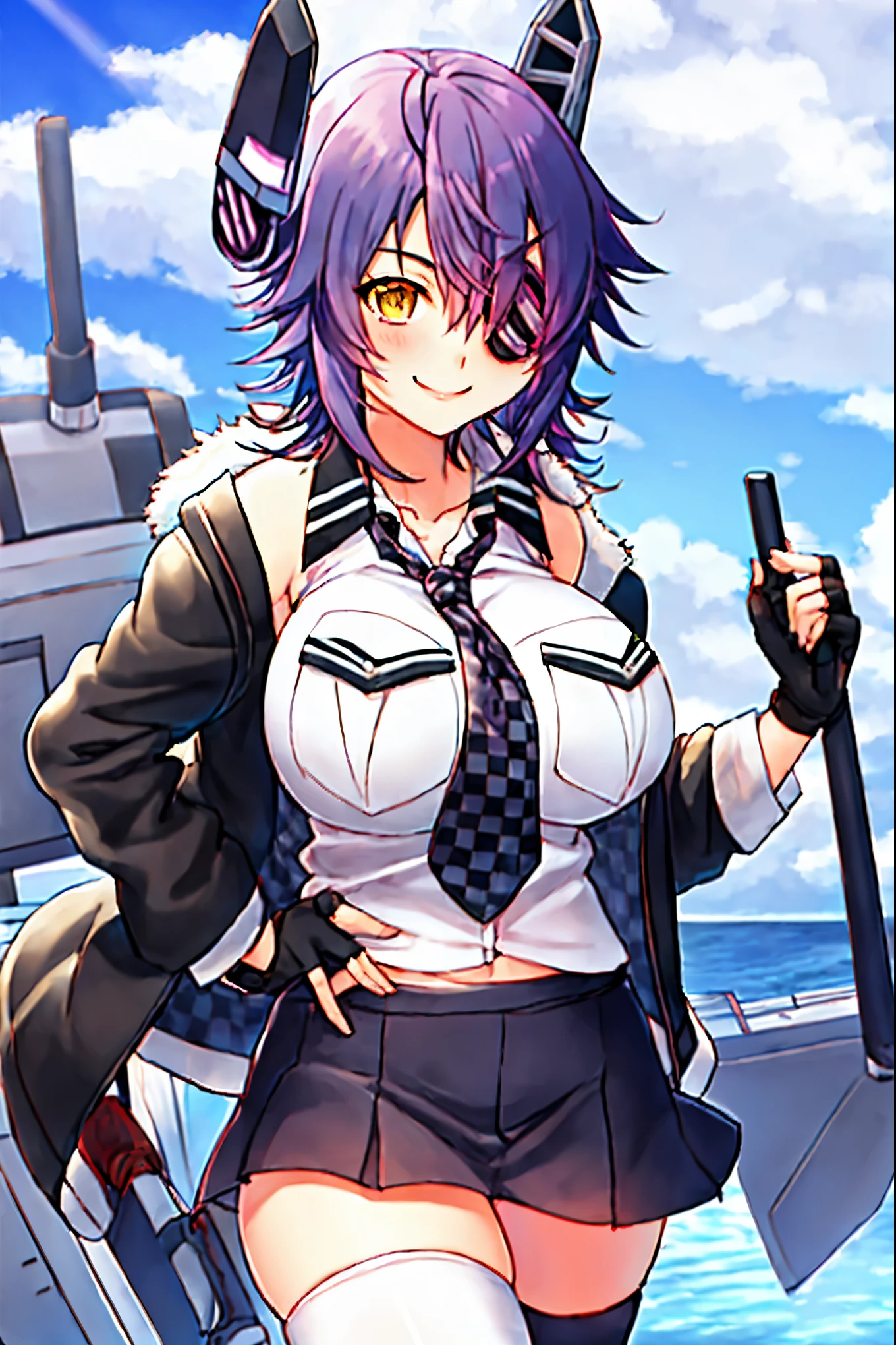 best quality, masterpiece, solo, {tenryuu_kantaicollection:1.15}, teen_girl, eyepatch, short_hair, purple_hair, yellow_eyes, headgear, breasts, necktie, large_breasts, smile, 1girl, blush, checkered_necktie, hair_over_one_eye, shirt, collared_shirt, white_shirt, jacket, sleeveless, brown_eyes, fur-trimmed_jacket, fur_trim, collarbone, looking_at_viewer, pocket, breast_pocket, ,, messy_hair, black_gloves, gloves, partially_fingerless_gloves,harbor_road_landscape_background,outdoor,short_skirt,thigh-highs,boots,sunlight,from_below