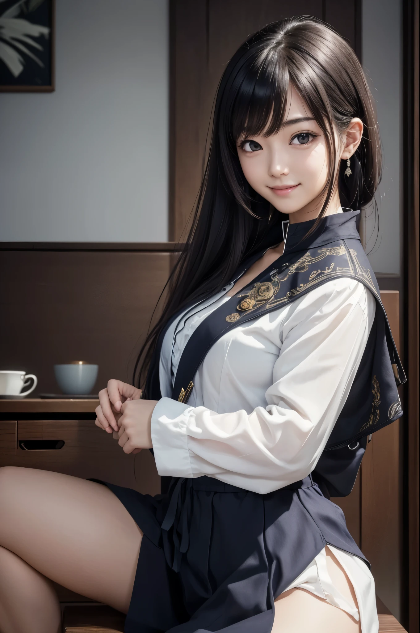 8k,Ultra-high resolution,((Best image quality)), ((masterpiece)), (Attention to detail:1.3), 大きなsmileのジャンヌD'Aak,Paladin,blue eyes,Red hair Perm Blue hair,Woman in black armor(精密な金色のPaladinの紋章の細工)、Cleavage,We paid special attention to the decoration of the chest armor...、Beautiful expression,charm,sexy,so beautiful(Like the real thing),Carry a big, long sword,smile,Luxury black pants,Blue and black shoulder pads,Blue-black armor,Blue-black leg armor,masterpiece,Photorealistic RAW photos of the highest quality。Bright colors,Rich colors, Backlight, Cinema Lighting, Film Grain, to be born, 50mm lens, Nikon D850,Realistic Skin,Fantasy art,Character Art,Ultra-high resolution,大きなsmile,