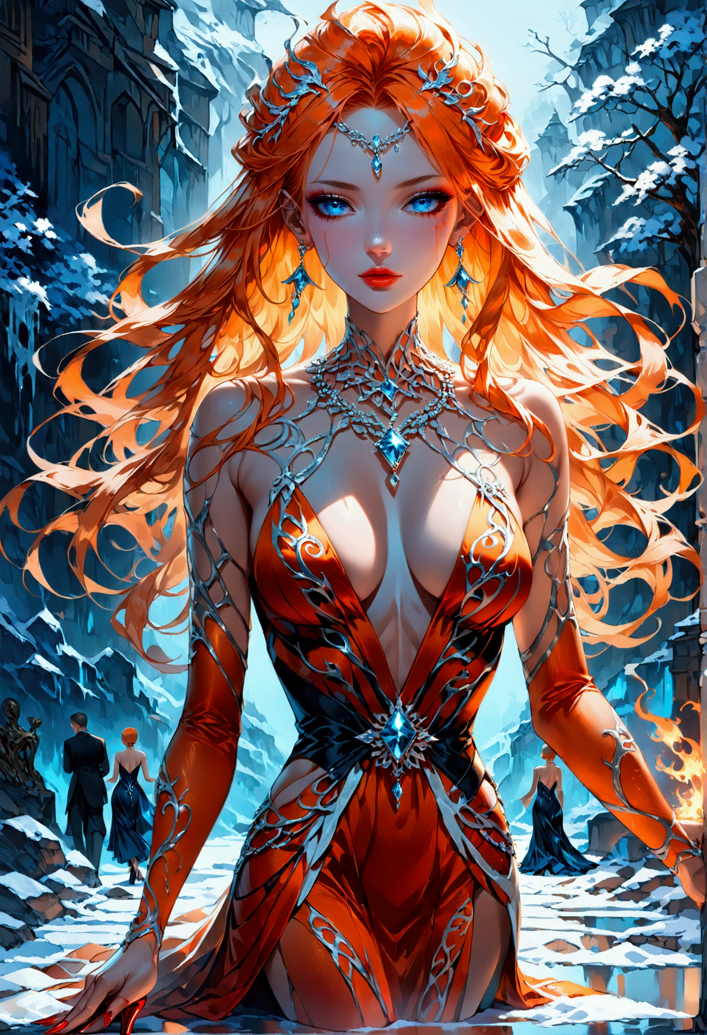 a glamour picture shot, of an elite model covered in fire walking on a icy catwalk, an extraordinary glamourous elite female model, ((full body: 1.5)),  ((anatomically correct: 1.5), (ultra detailed face: 1.2), best detailed face, orange hair, long hair, lush hair, glam hair cut, blue eyes, delicate face, light make up, wearing intricate detailed dress, glamour dress, haute couture dress, elite fashion dress, FireMagicAI,  small cleavage, wearing high heels, elegant high heels, she wears diamond necklace, she is covered in fire, she walks on an icy cat walk, image reflecting in the ice IceMagicAI, elite fashion show background, vibrant, Hyperrealism style, vibrant, Ultra-high resolution, High Contrast, (masterpiece:1.5), highest quality, Best aesthetics), best details, best quality, highres, ultra wide angle, 16k, [ultra detailed], masterpiece, best quality, (extremely detailed) RAW, FireMagicAI, IceMagicAI, 