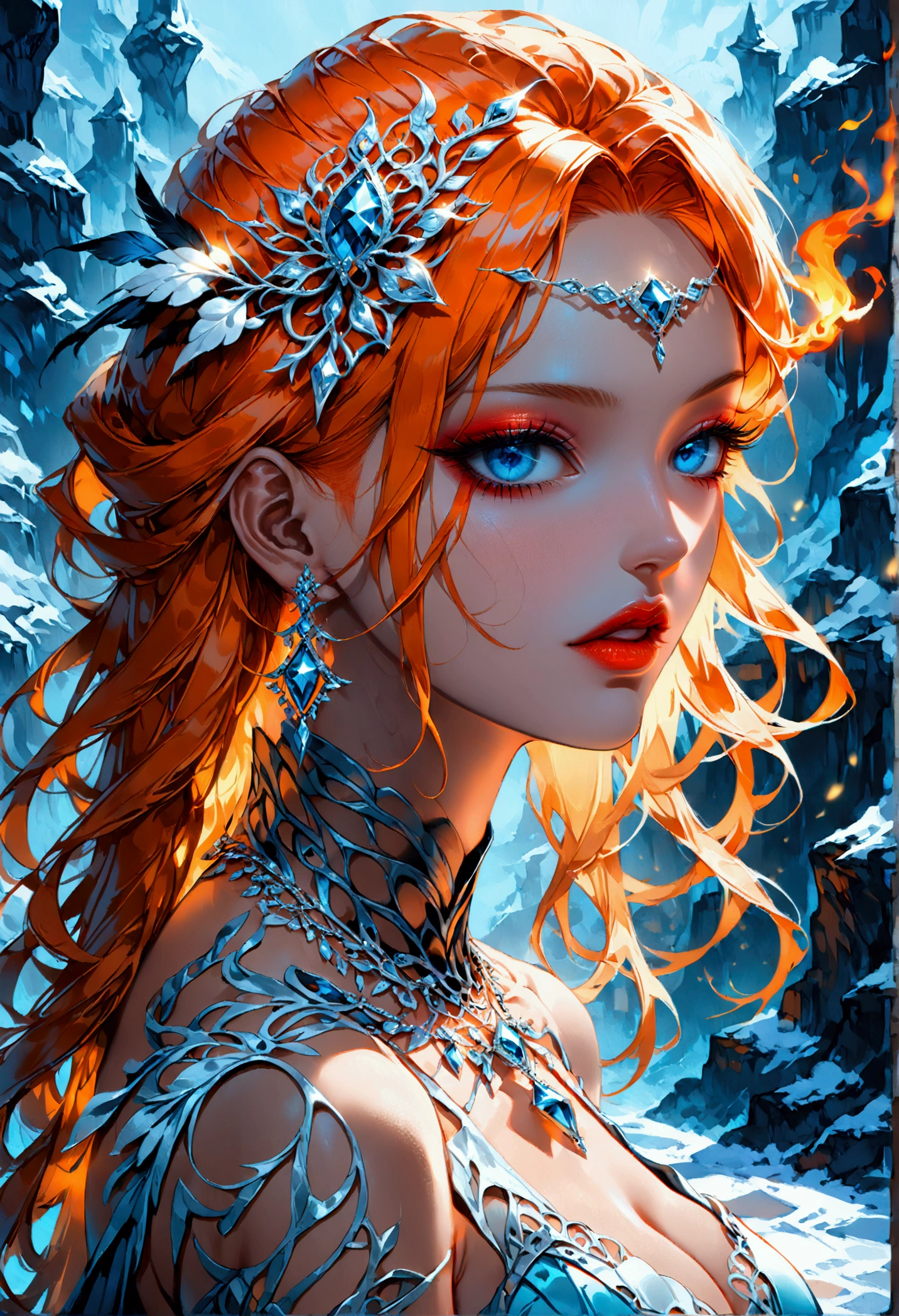 a glamour picture shot, of an elite model covered in fire walking on a icy catwalk, an extraordinary glamourous elite female model, ((full body: 1.5)),  ((anatomically correct: 1.5), (ultra detailed face: 1.2), best detailed face, orange hair, long hair, lush hair, glam hair cut, blue eyes, delicate face, light make up, wearing intricate detailed dress, glamour dress, haute couture dress, elite fashion dress, FireMagicAI,  small cleavage, wearing high heels, elegant high heels, she wears diamond necklace, she is covered in fire, she walks on an icy cat walk, image reflecting in the ice IceMagicAI, elite fashion show background, vibrant, Hyperrealism style, vibrant, Ultra-high resolution, High Contrast, (masterpiece:1.5), highest quality, Best aesthetics), best details, best quality, highres, ultra wide angle, 16k, [ultra detailed], masterpiece, best quality, (extremely detailed) RAW, FireMagicAI, IceMagicAI, 