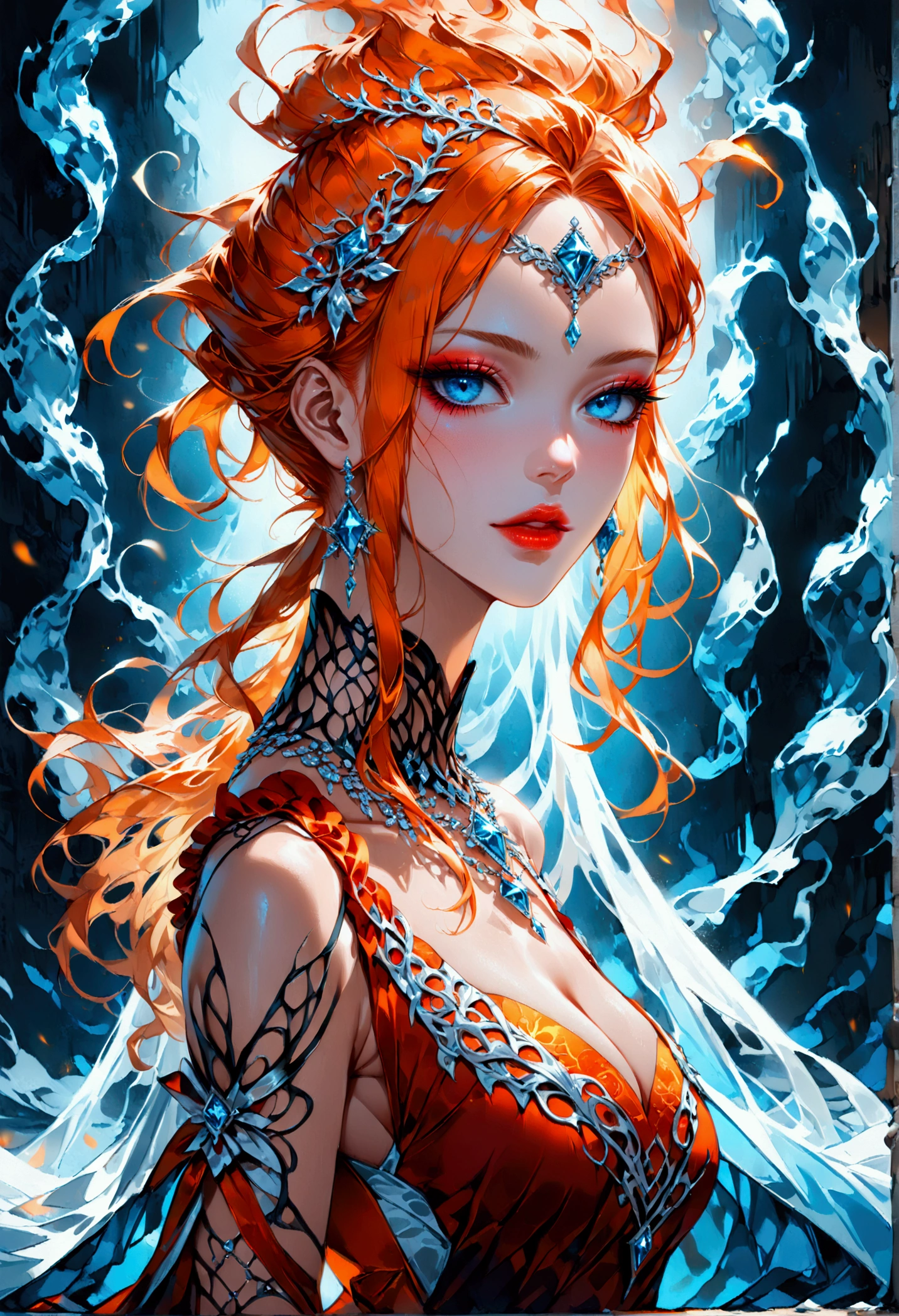 a glamour picture shot, of an elite model covered in fire walking on a icy catwalk, an extraordinary glamourous elite female model, ((full body: 1.5)),  ((anatomically correct: 1.5), (ultra detailed face: 1.2), best detailed face, orange hair, long hair, lush hair, glam hair cut, blue eyes, delicate face, light make up, wearing intricate detailed dress, glamour dress, haute couture dress, elite fashion dress, FireMagicAI,  small cleavage, wearing high heels, elegant high heels, she wears diamond necklace, she is covered in fire, she walks on an icy cat walk, image reflecting in the ice IceMagicAI, elite fashion show background, vibrant, Hyperrealism style, vibrant, Ultra-high resolution, High Contrast, (masterpiece:1.5), highest quality, Best aesthetics), best details, best quality, highres, ultra wide angle, 16k, [ultra detailed], masterpiece, best quality, (extremely detailed) RAW, FireMagicAI, IceMagicAI, 