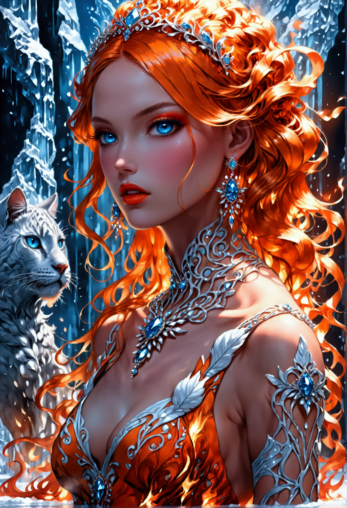 a glamour picture shot, of an elite model covered in fire walking on a icy catwalk, an extraordinary glamourous elite female model, ((full body: 1.5)),  ((anatomically correct: 1.5), (ultra detailed face: 1.2), best detailed face, orange hair, long hair, lush hair, glam hair cut, blue eyes, delicate face, light make up, wearing intricate detailed dress, glamour dress, haute couture dress, elite fashion dress, FireMagicAI,  small cleavage, wearing high heels, elegant high heels, she wears diamond necklace, she is covered in fire, she walks on an icy cat walk, image reflecting in the ice IceMagicAI, elite fashion show background, vibrant, Hyperrealism style, vibrant, Ultra-high resolution, High Contrast, (masterpiece:1.5), highest quality, Best aesthetics), best details, best quality, highres, ultra wide angle, 16k, [ultra detailed], masterpiece, best quality, (extremely detailed) RAW, FireMagicAI, IceMagicAI, 