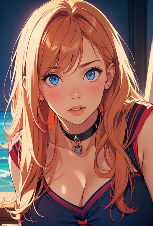 (best quality,highres),(realistic:1.37),(portrait),(studio lighting), ,solo mature woman,curvy, huge breasts, giant ass,straight strawberry blonde hair, dusty blue eyes,full lips, seductive, choker, cheerleader uniform