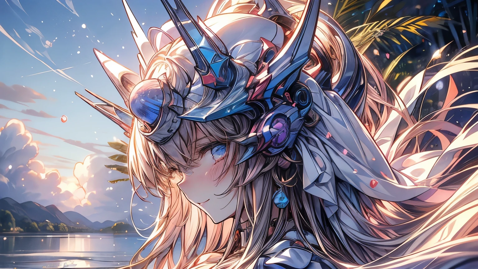 artwork:Yoshiyuki Sadamoto、Beautiful girl、、Turn around and smile at the viewer、Half-close your eyes、Smiling with teeth showing、one piece、water droplets、Blue sky and cumulonimbus background、Summer vacation、Summer Traditions、(Yoshiyuki Sadamoto スタイル:1.4)、Masterpiece、Detailed Description、pastel