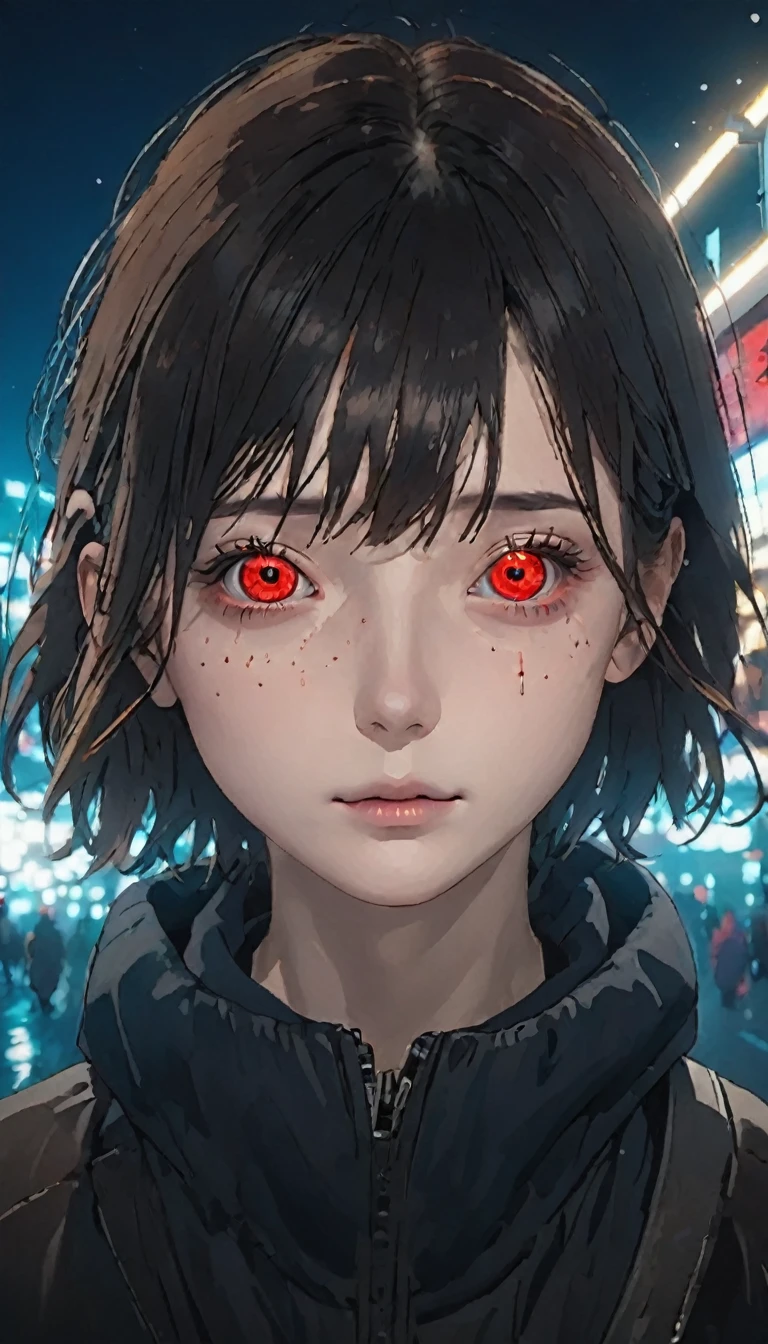 Top quality, 8k, eye, realistic, first plane of one eye, (sharingan), award-winning focus, single, night, neon, red eye, red, eye with blades, compound eye, eye with intricate figure, eye bleeds, digital SLR, viewfinder, sophisticated, professional lighting, film grain, chromatic aberration, (Eye details : 1.0), (Bokeh: 1.1)、(SFW: 1.5)))、