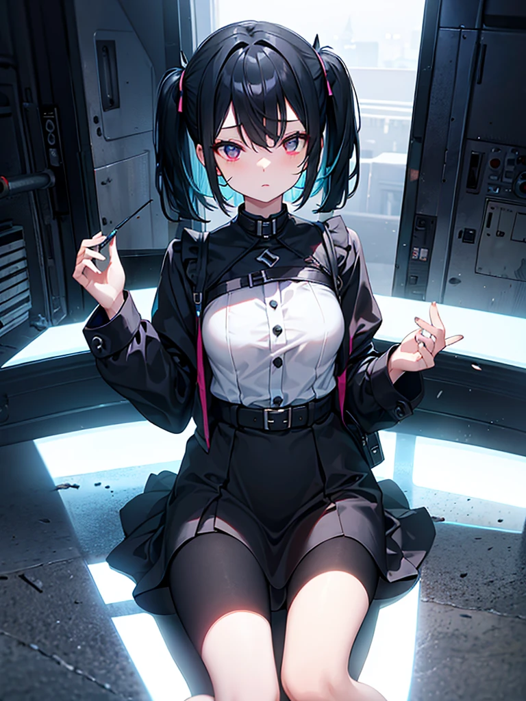Landmine type, small breasts, black clothes, black hair with blue tips, night city 