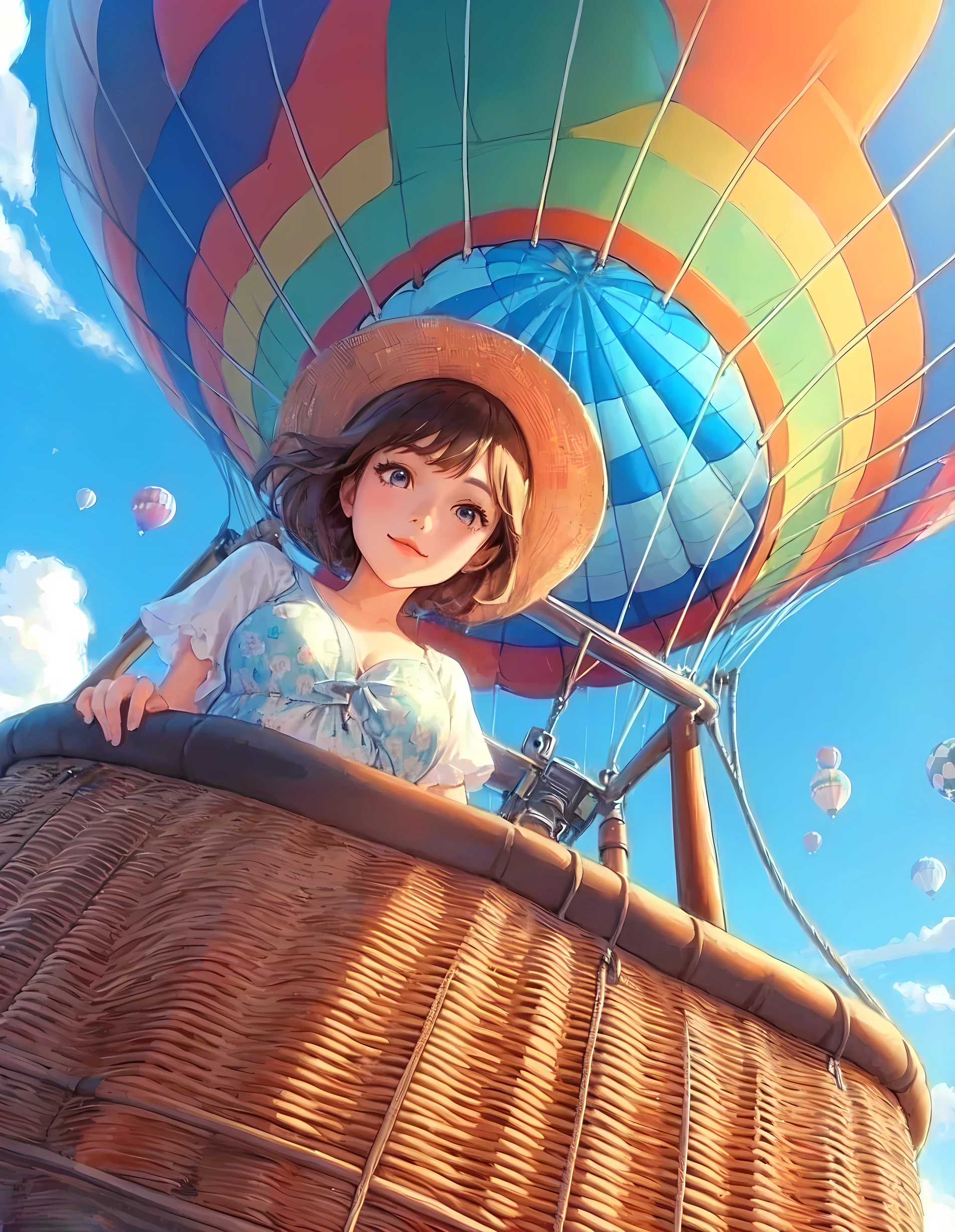 1lady solo, (from below:1.1), standing, (peeking out from basket) (looking at viewers), stylish outfit (summer sundress) hat (refreshing attire), (mature female:0.6), /(light brown hair/) bangs, light smile, (masterpiece best quality:1.2) delicate illustration ultra-detailed, large breasts BREAK (hot air balloon soaring high into the sky) (balloon with vibrant designs) BREAK (hot air balloon) outdoors, vast blue sky, soft lighting, detailed background