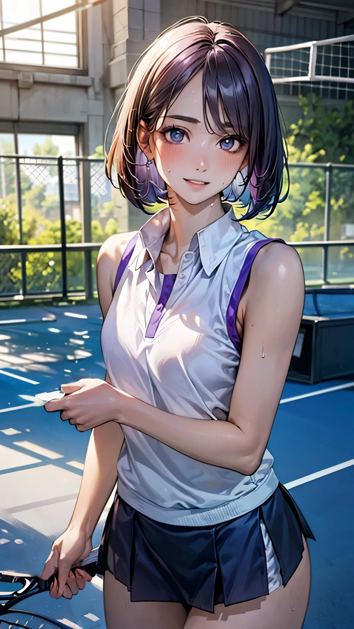 (masterpiece:1.2, top-quality), (realistic, photorealistic:1.4), beautiful illustration, (natural side lighting, movie lighting), depth of fields, ,
beautiful detailed hair, beautiful detailed face, beautiful detailed eyes, beautiful clavicle, beautiful body, beautiful chest, beautiful thigh, beautiful legs,
looking at viewer, 1 girl, , (perfect anatomy, anatomically correct, super detailed skin), cute and symmetrical face, perfect face, perfect eyes,
(short hair, bob cut, purple hair), parted bangs, break blue eyes, big eyes, long eye lasher, (medium breasts, seductive thighs), perfect body, shiny skin, pink skin,
break (blue tennis uniform, sleeveless), thin legs, thin waist, sweat, no racket,
(beautiful scenery), (school tennis court:1.2), standing, (waving hand), (lovely smile, parted lips),