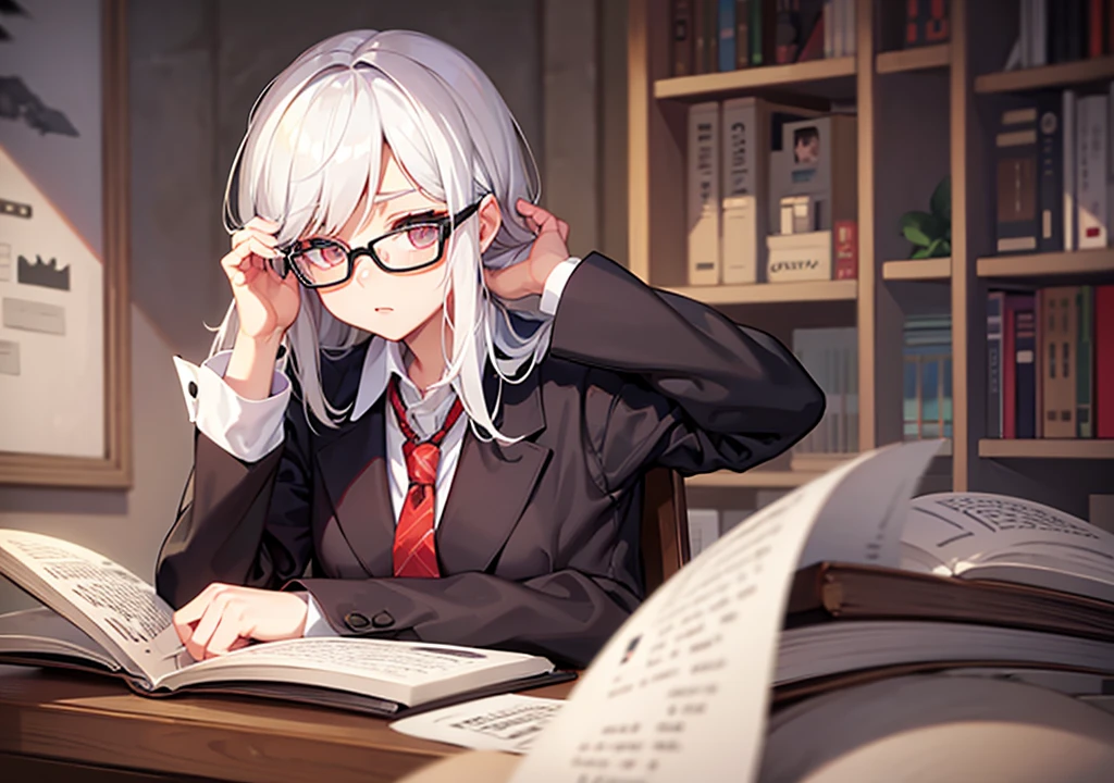 Young woman, white hair, Tie your hair, Wear glasses, read a book, bedroom