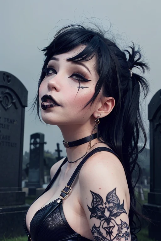 (black lipstick:1.4), a woman wearing a (goth outfit:1.3), (black heavy makeup:1.3), (goth punk:1.3), black choker, (raven black hair:1.1),  (8k, RAW photo, best quality, masterpiece:1.2), (realistic, photo-realistic:1.2), ultra-detailed, (high detailed skin:1.1), 8k uhd, dslr, soft lighting, high quality, film grain, Fujifilm XT3, professional lighting, photon mapping,  best quality, ultra high res, (photorealistic:1.1), (on a dark foggy graveyard:1.2) 