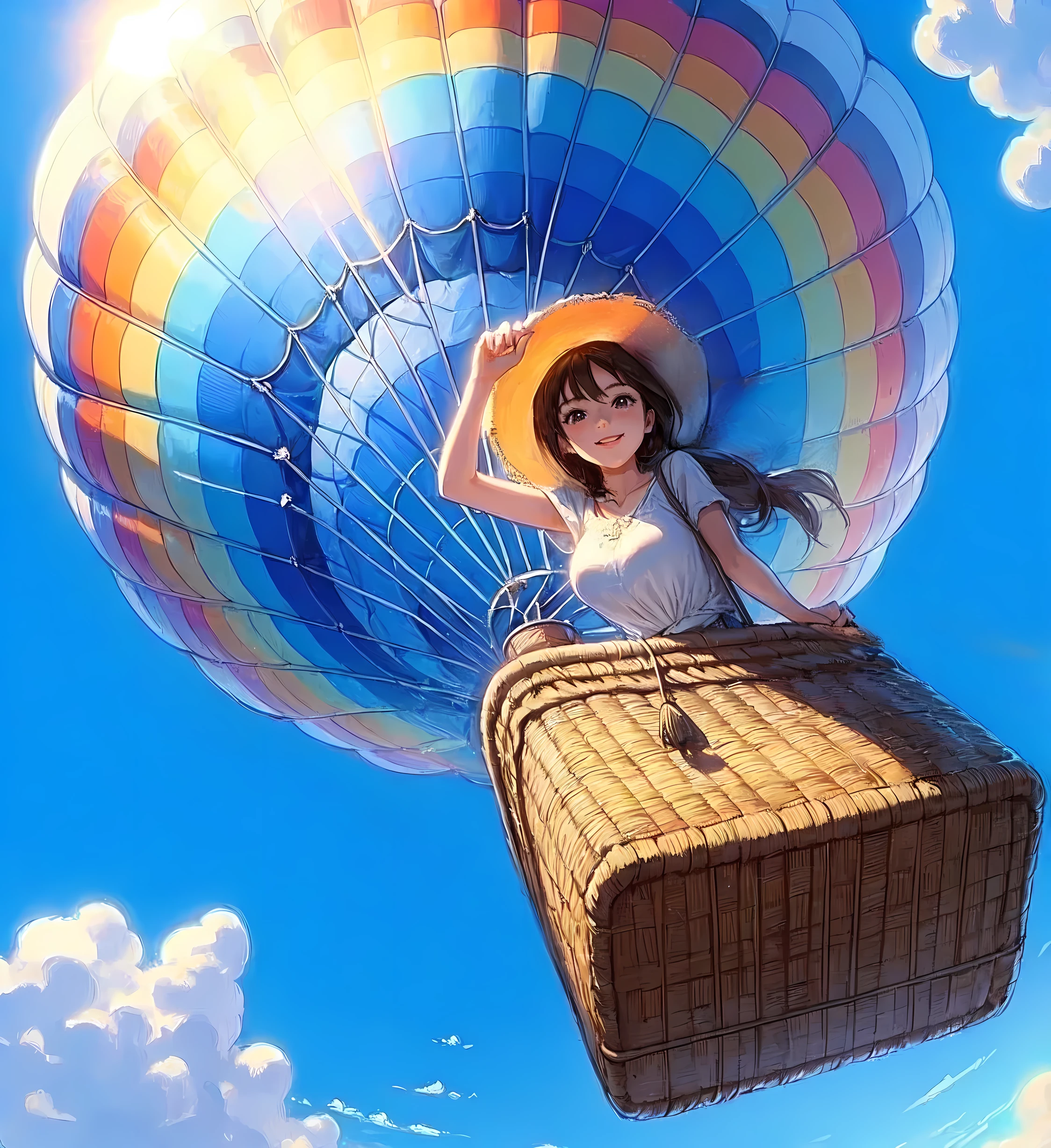 1lady solo, (from below:1.1), standing, (peeking out from basket) (looking at viewers), stylish outfit (summer sundress) hat (refreshing attire), (mature female:0.6), /(brown hair/) bangs, light smile, (masterpiece best quality:1.2) delicate illustration ultra-detailed, large breasts BREAK (hot air balloon soaring high into the sky) (balloon with vibrant designs) BREAK (hot air balloon) outdoors, vast blue sky, soft lighting, detailed background