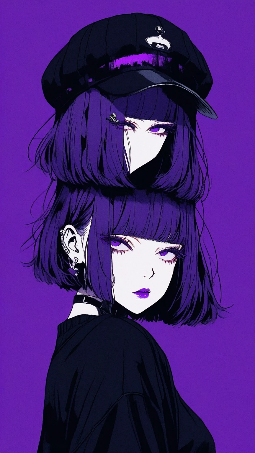 (Highest quality, sketch:1.2), Dark monochrome background, anime,Illustrator,anime,1 girl, Detailed lips,sweater,custom,background completely black, Neon Hair,Texture Cropping,Canadian, masterpiece, Style: Retro Classic, Dark Black, art, sketch book, (Purple Bob Hair:1.35, black:1.55), bad woman 、Front facing、Head to toe body image