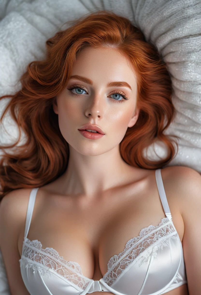 a beautiful redheaded woman with large breasts wearing elegant white lingerie, lying on a white plush blanket, glamour photography, detailed face, beautiful eyes, long eyelashes, (best quality,4k,8k,highres,masterpiece:1.2),ultra-detailed,(realistic,photorealistic,photo-realistic:1.37),HDR,UHD,studio lighting,ultra-fine painting,sharp focus,physically-based rendering,extreme detail description,professional,vivid colors,bokeh,portrait