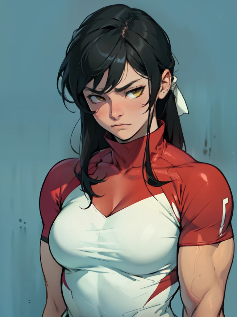 empty eyes embarrassed girl black hair yellow eyes pale skin muscular girl female woman lady feminine red nose