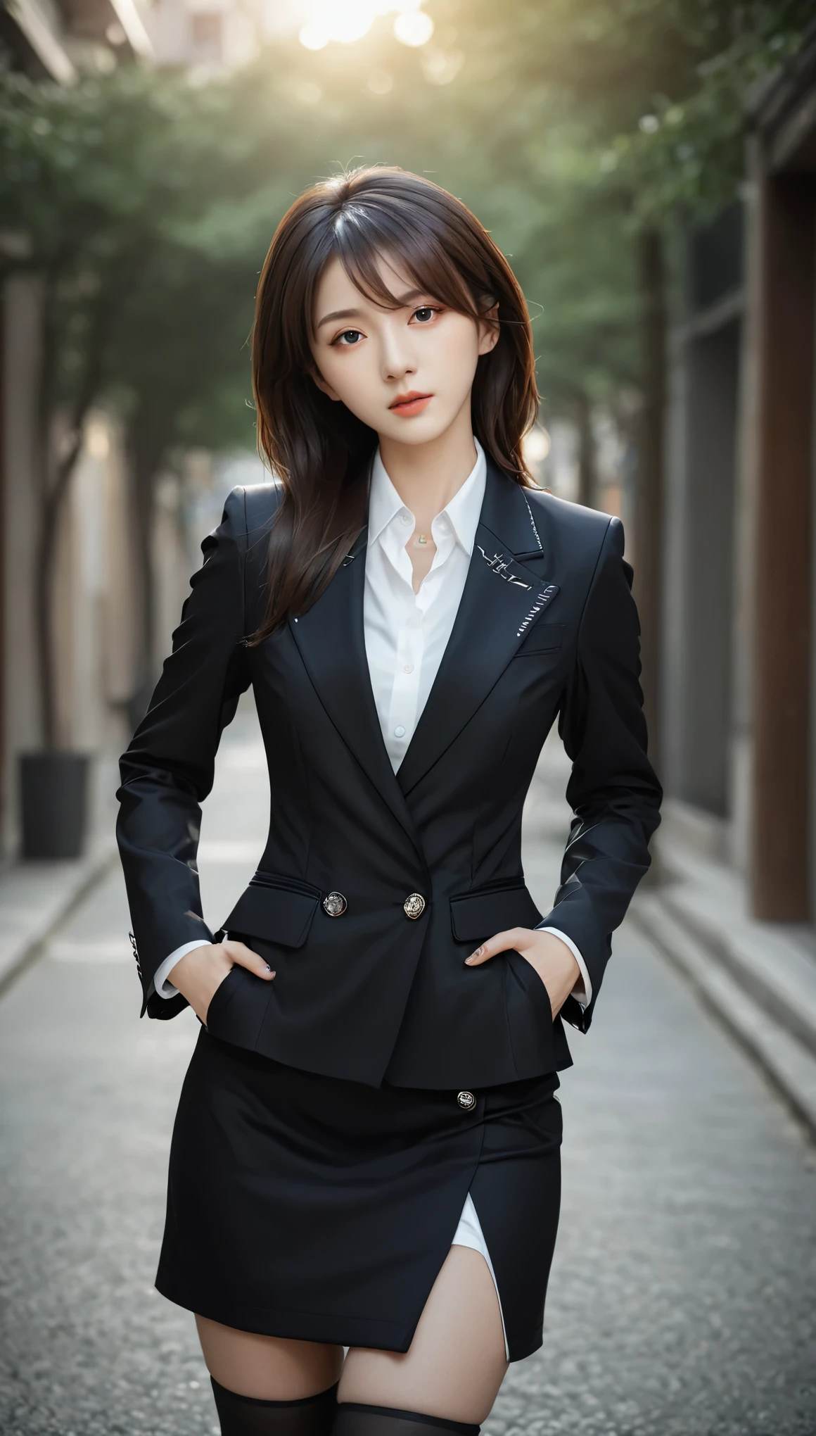 best quality, masterpiece, 1girl, Beautiful face, (photo realistic:1.3), rim lighting, (high detailed skin:1.2), 8k uhd, dslr, high quality, high resolution, 4k, 8k, Bokeh, absurdres, best ratio four finger and one thumb, (realistic:1.3), cute 1girl, wearing black formal blazer, huge breasts, short skirt, hyper sharp, sharp focus, K-pop idol, J-pop idol, Italian woman, 