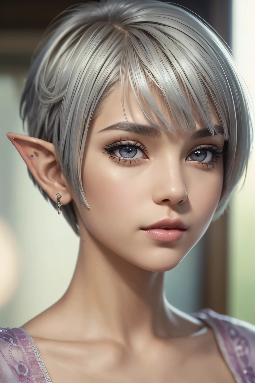 (best quality, masterpiece), 1girl, beautiful girl, brown_eyes, ((hair color [Silver hair], [pixie cut with bangs] hair)), Elf Ears, earrings, lips, short sleeves,realistic, narrow waist, charming, colorful makeup, long eyelashes, fair skin, (cute), (detailed face), detailed eyes, detailed iris, 