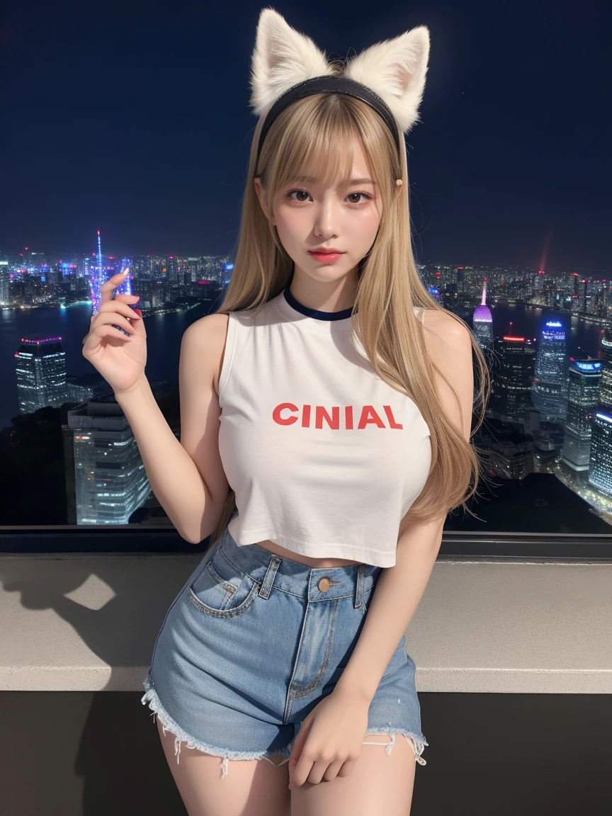 最high quality, masterpiece, 32K、Very detailed、Realistic、Four Girls, Japanese women、Cute Face, (photo Actual:1.3),Medium Hair(Blonde Hair Color、Great brown hairstyles)、Edge lighting, (Skin with attention to detail:1.2), 8k超High resolution, Single-lens reflex camera, high quality, High resolution, 4K, 8k, Optimal ratio of four fingers to one thumb, (Actual:1.3), cute Four Girls, Realistic、Super Realistic、32K、Very detailed、masterpiece, 最high quality, beautiful girl, beauty、Mecha, Beautiful lighting, (Neon Light:1.2), (night:1.5), K-POPアイドルコスチューム、White and light blue sleeveless outfit、Shorts、Large Breasts(big 、There is a valley)、french flag t-shirt、Light blue and black dancer skirt、fox ears headband、Are standing、Cyber Neon、Future City、Skyscraper、都会のnight、Shanghai、big cities、night景、綺麗なnight景