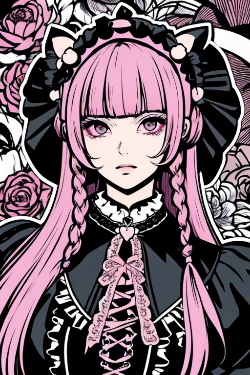 Beautiful Hardcore Illustration homepage illustration style, dark, high resolution, hard touch illustration, strong outline, two girls, gothic & ta style, gothic & loliashion, 8k, American comic style, colorful background, Hiroyuki Nagasaka, aggressive, beautiful face, cool beauty, dress, beauty style, pink color, battle, Hard illustration, pink hear,