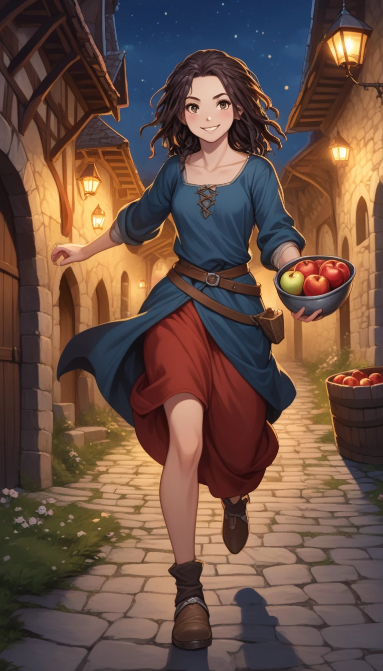 (1girl, female, solo, Human, Caucasian), (_young), (slim, small breasts, beautiful hips, happy face), (black wavy hair, dreadlock haircut),
(Dungeons and Dragons, character), (Thief), (running),
(medieval top cloth, medieval cloth pans , shoes), (holding object, holding apples),
night background,
8K, RAW, best quality, ((masterpiece, best quality)), ultra high res, colorful, (medium wide shot), full body, (dynamic perspective), sharp focus, (depth of field, bokeh:1.3), extremely detailed eyes and face, beautiful detailed eyes,
