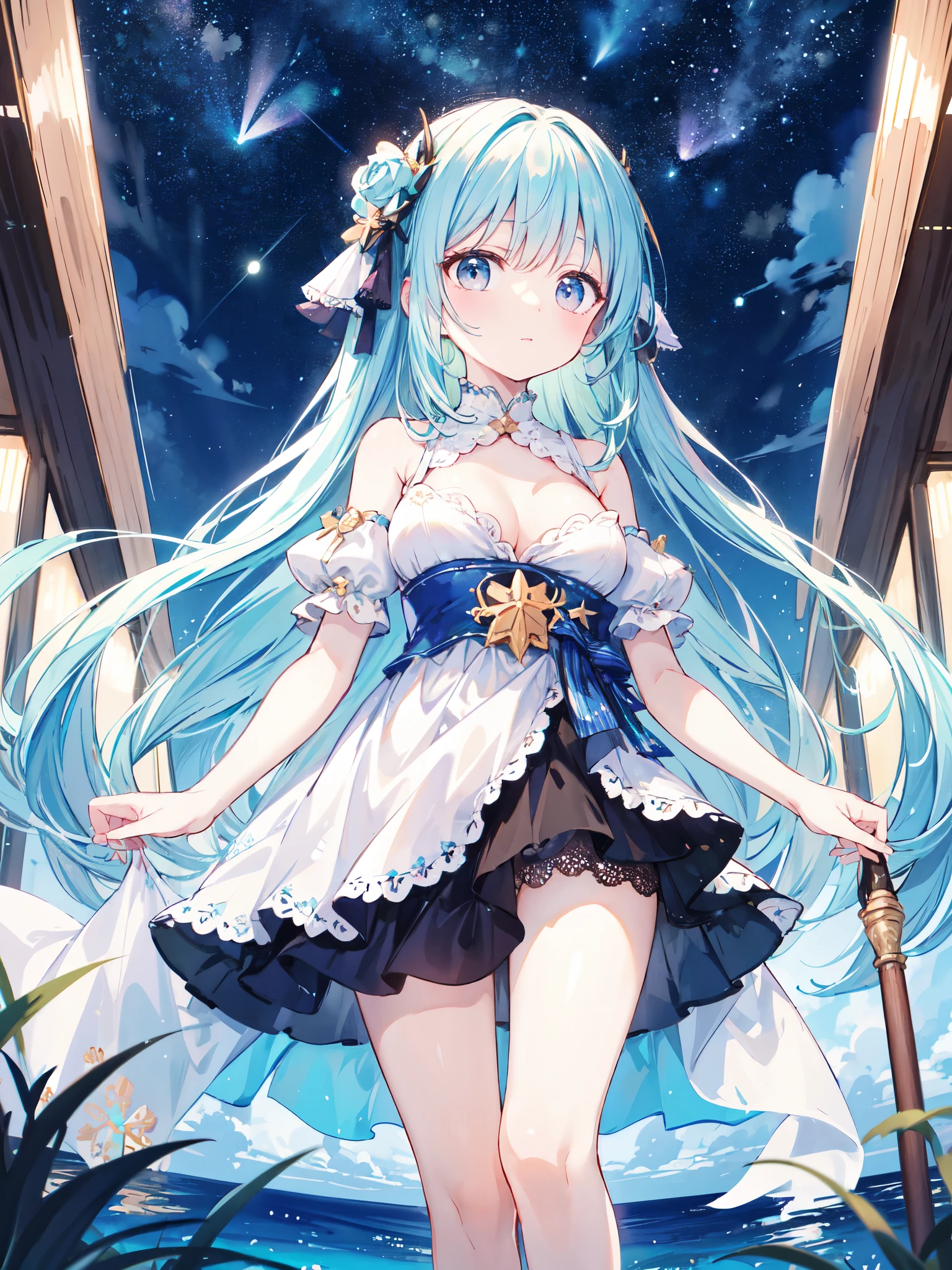 (masterpiece)、(Highest quality)、((Very detailed))、(Very delicate)、Gradient pastel color hair、Beautiful breasts、Looking up from below、Sea of night、Amazing starry sky、Fantasy