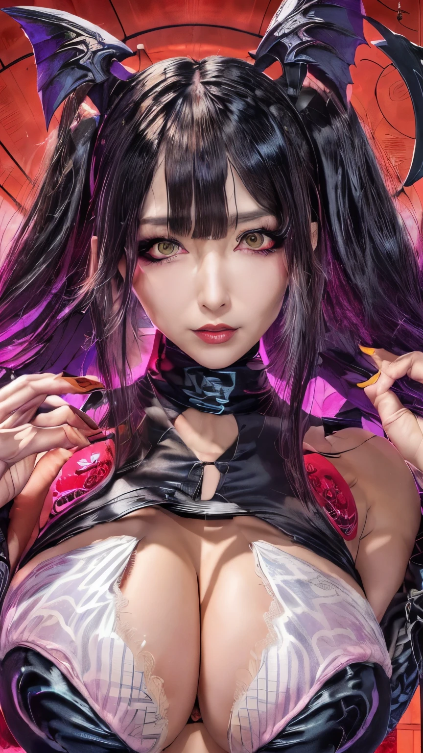 Korean mature woman，Cyberpunk futuristic city at night，（（（T Masterpiece）））， （（best quality））， （（intricate details））， （（ultra realistic realism））， stupid solution， mature woman， ripe woman， very detailed， An illustration，（（large breasts））， perfect hands， detailed fingers， beautiful detailed eyes，long whipped hair, (((Morrigan Aensland, blunt bangs, pink twintail hair, {fur fur boa scarf:1.2}))) ，Detailed background， perfect eyes， enchanting eyeouth slightly open,((Thunder god scythe clad in red light, A bewitching figure, One big breasted girl with saggy breasts:1.6)))
