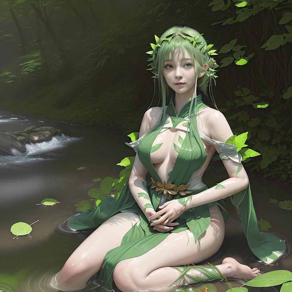 high resolution、realistic、、green hair、wearing a few leaves to cover her chest、White skin、sitting on a large leaf、and an orange cat cuddling beside、Cute face girl、soft smile、bright face、warm 、flowing stream Leaves and grass blow gently in the wind、