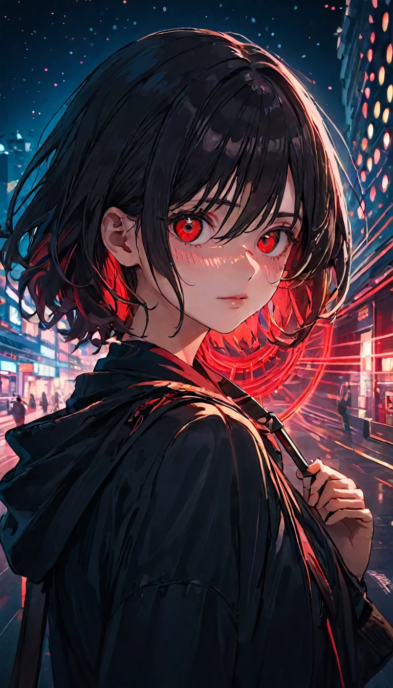 Top quality, 8k, eye, realistic, first plane of one eye, (sharingan), award-winning focus, single, night, neon, red eye, red, eye with blades, compound eye, eye with intricate figure, eye bleeds, digital SLR, viewfinder, sophisticated, professional lighting, film grain, chromatic aberration, (Eye details : 1.0), (Bokeh: 1.1)、(SFW: 1.5)))、