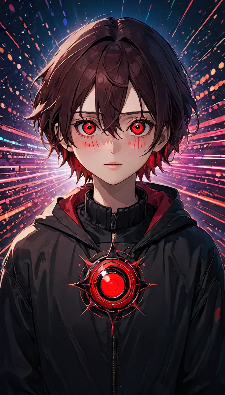 Top quality, 8k, eye, realistic, first plane of one eye, (sharingan), award-winning focus, single, night, neon, red eye, red, eye with blades, compound eye, eye with intricate figure, eye bleeds, digital SLR, viewfinder, sophisticated, professional lighting, film grain, chromatic aberration, (Eye details : 1.0), (Bokeh: 1.1)、(SFW: 1.5)))、