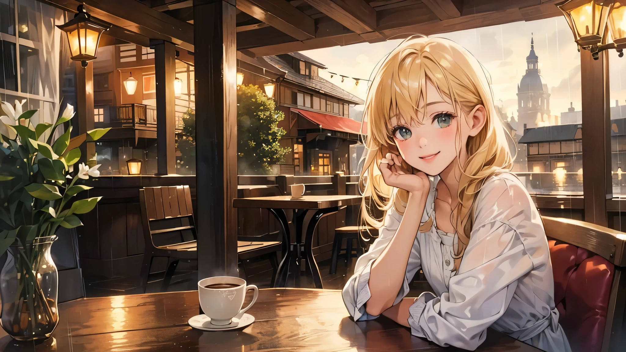 (High-resolution, Best quality, Detailed) capturing a warm and inviting (landscape:1.4) of a cozy café nestled in the city on a rainy day. highlighted by the soft, melancholic glow of lamplight streaming through drizzle-spattered windows.
a girl with a sweet smile and a charming face.