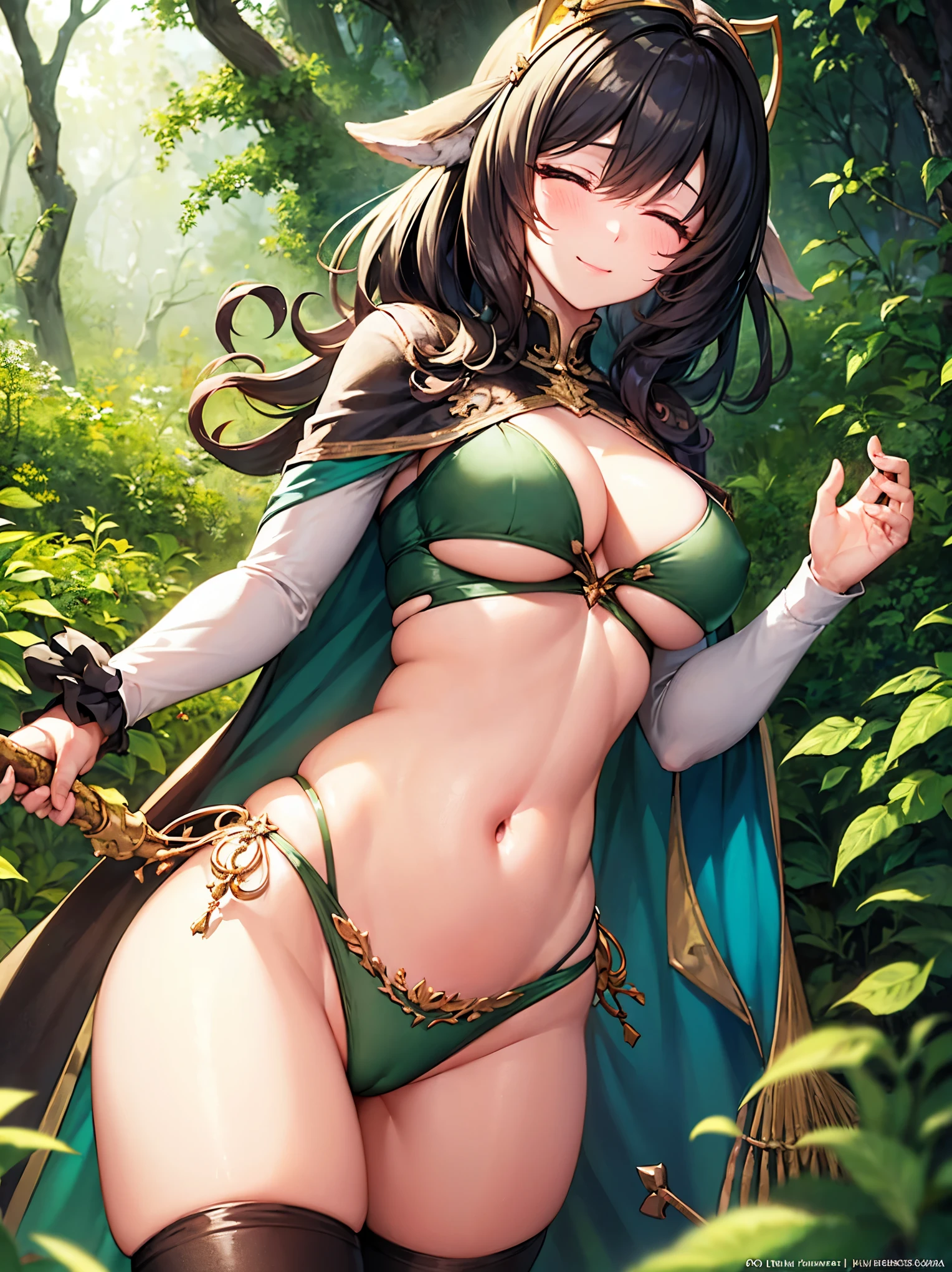 fantasy, 1forest_elemental_girl, (dark_skin:0.6), (using_leaves_clothes, green_leaves_covered_breasts, leaves_covered_pussy),large_breasts, walking, (smile, sleepy:1.1), medium_hair, navel, oil, (winding_vine_around_torso:1.2), forest_background, leaves_headgear, green_leaves_cape,(armpits:0.6), large_staff, thighhighs, plump,