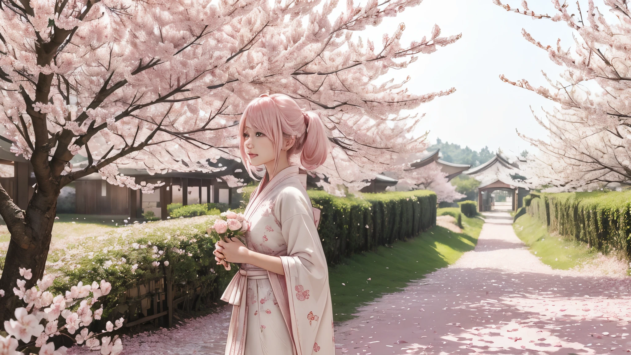 (White background:1.4),(white dirt road, oriental elements),(Spring Nature Illustration:1.3,paper art:1.3, Quilted Paper Craft:1.2),( Reasonable design, Clear lines, high sharpness,Best Quality, Very detailed, mesa, Movie light effects, 4k )(cherry leaves、cherry blossoms in spring:1.0)、Many cherry blossoms flutter、wind、background with、spring、Girl looking left、rose petals、A lot of cherry petals.、very light pink hair、long