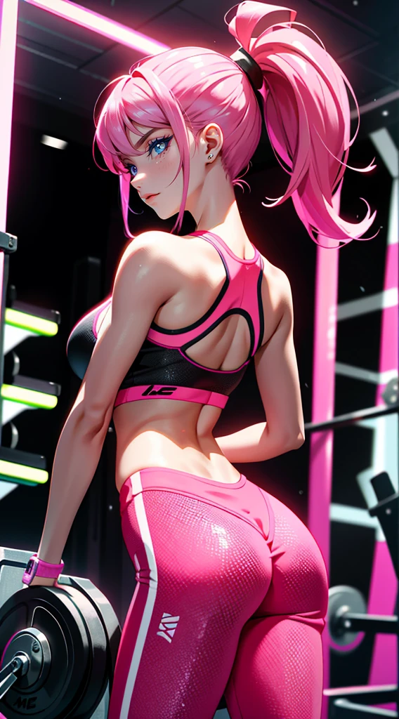 rear view, backside view,Selena Gomez with an orange and white trainer and leggings, Two-piece training clothes, neon pink, Live Energetically Varia, intense pink, Cottagecore!! fitness body, intense pink y negro, Cute sportswear, pink body, red neon, Fitted garment, pink and black, Neon pink and black color scheme, sportswear, neon,(background of a gym gym:1.4),(gym:1.4) (detailed hands),,More detailed 8K.unreal engine:1.4,UHD,La Best Quality:1.4, photorealistic:1.4, skin texture:1.4, masterpiece:1.8,first work, Best Quality,object object], (detailed face features:1.3),detailed eyes,((The correct proportions))Women&#39;s Gym Sets, honeycomb workout clothes for women, mesh biker sports shorts, Orange Fitness Lycra Yoga Suit,blue gym background,(beautiful sexy ),(Detailed blue eyes)