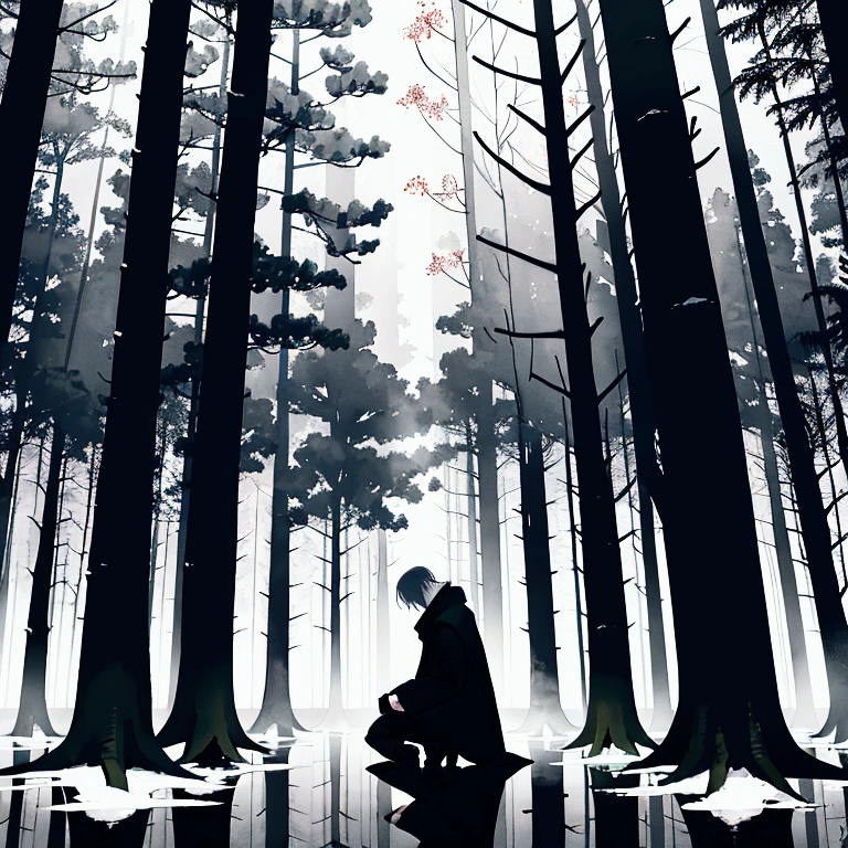 "Picture a lonely man in dark colors, standing against a background of a gloomy forest. The man is dressed in stylish, modern clothes, such as a black coat and boots. He is kneeling, head bowed and arms down, creating a feeling of heaviness and despair. Around him is a dark forest with bare trees, immersed in fog. On the horizon there is a faint light shining through the trees, symbolizing hope. Use contrasting colors and dramatic lighting to enhance the emotional impact. Add minimalistic elements around the person, symbolizing philosophical reflections."

Steps to create an image:
Man in Dark Colors: The main element is a lonely man in stylish, dark clothes (black coat, boots), kneeling with his head down and his hands down.
Dark Forest and Fog: Around the person is a gloomy forest with bare trees, immersed in fog, creating an atmosphere of isolation and despair.
Faint Light on the Horizon: There is a faint light on the horizon shining through the trees, symbolizing hope.
Contrasting Colors and Lighting: Use strong contrasts between light and shadow to create a dramatic effect and attract attention.
Minimalistic Elements: Add minimalistic elements around the person, such as abstract symbols or figures that symbolize philosophical thoughts.