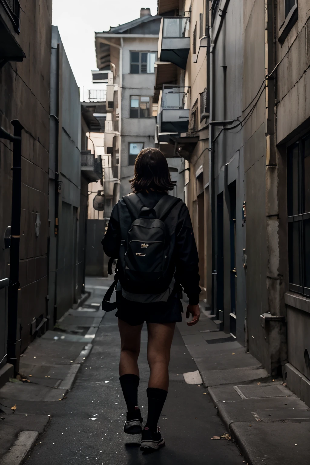 Create the image of a who goes to school with a backpack and that the way there is very lit and that there are very dark alleys around him.