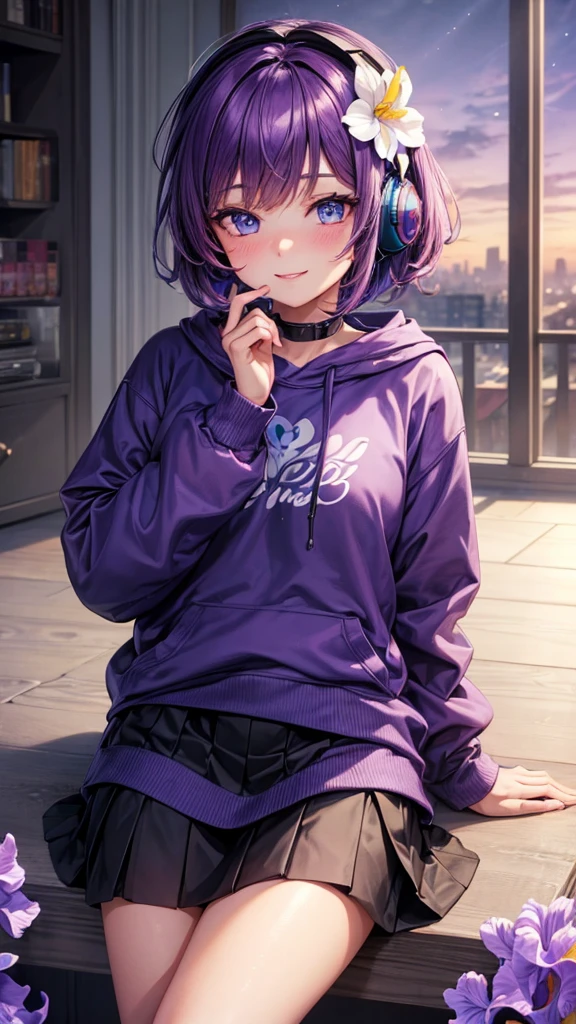 ((Masterpiece)) , ((High Quality)) , ((Ultra Details)) , ((4k)) , 1Girl , Solo , Women , Short Hair , Hair Flower , ( Iris Flower ) , Purple Hair Color , Blue Eyes , (Eyes Details) , Sweatshirt , Skirt , Cute Face , Blush , Cute Smile , Headphone , Gaming pose