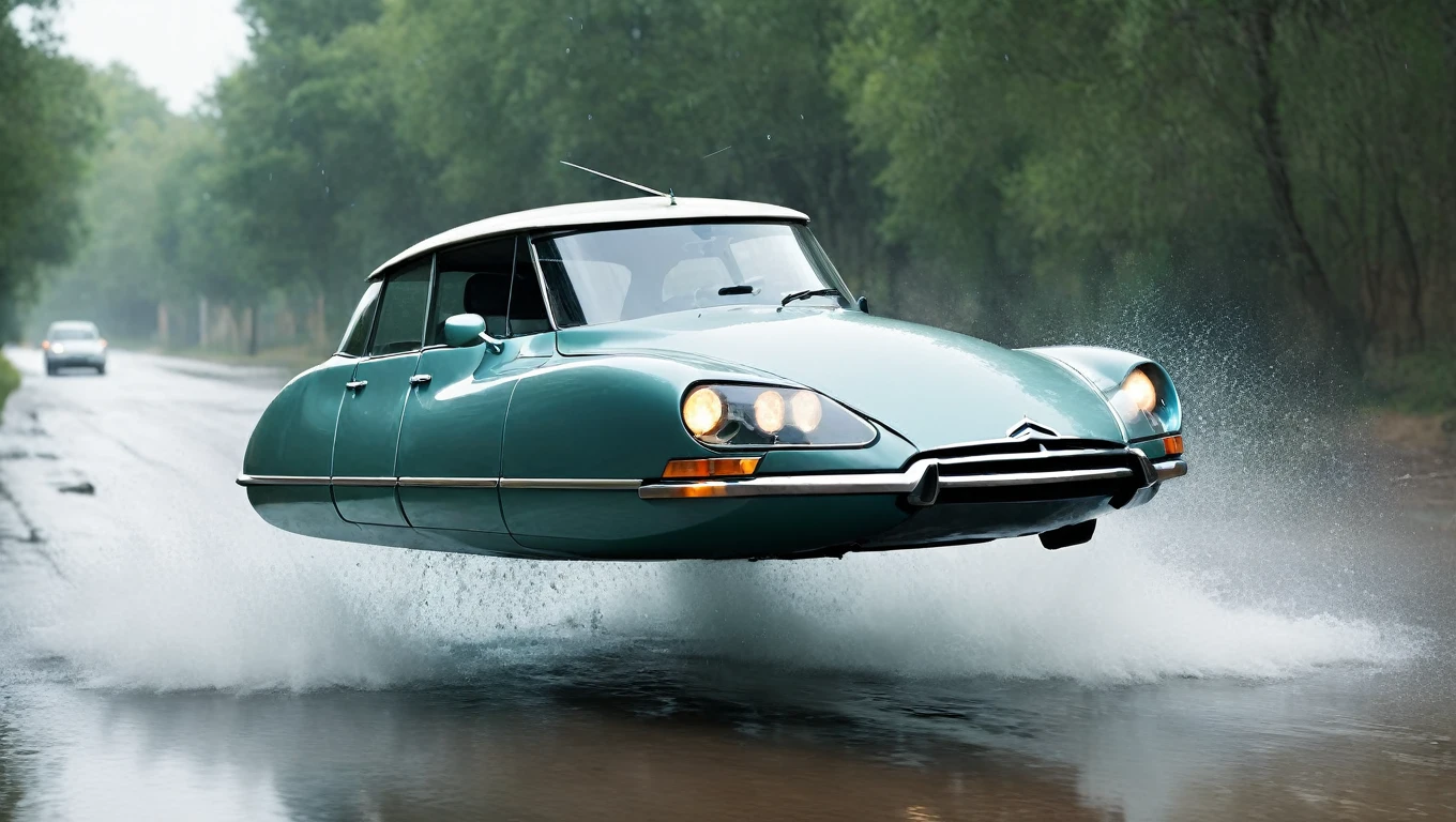 photo of futuristic hovering car, citroen ds , without wheels, Science fiction, Science fiction, retrofuturistic, high speed cinematic chase, splashing water, raining , Depth of field, motion-blur, terrified driver, hovering_car