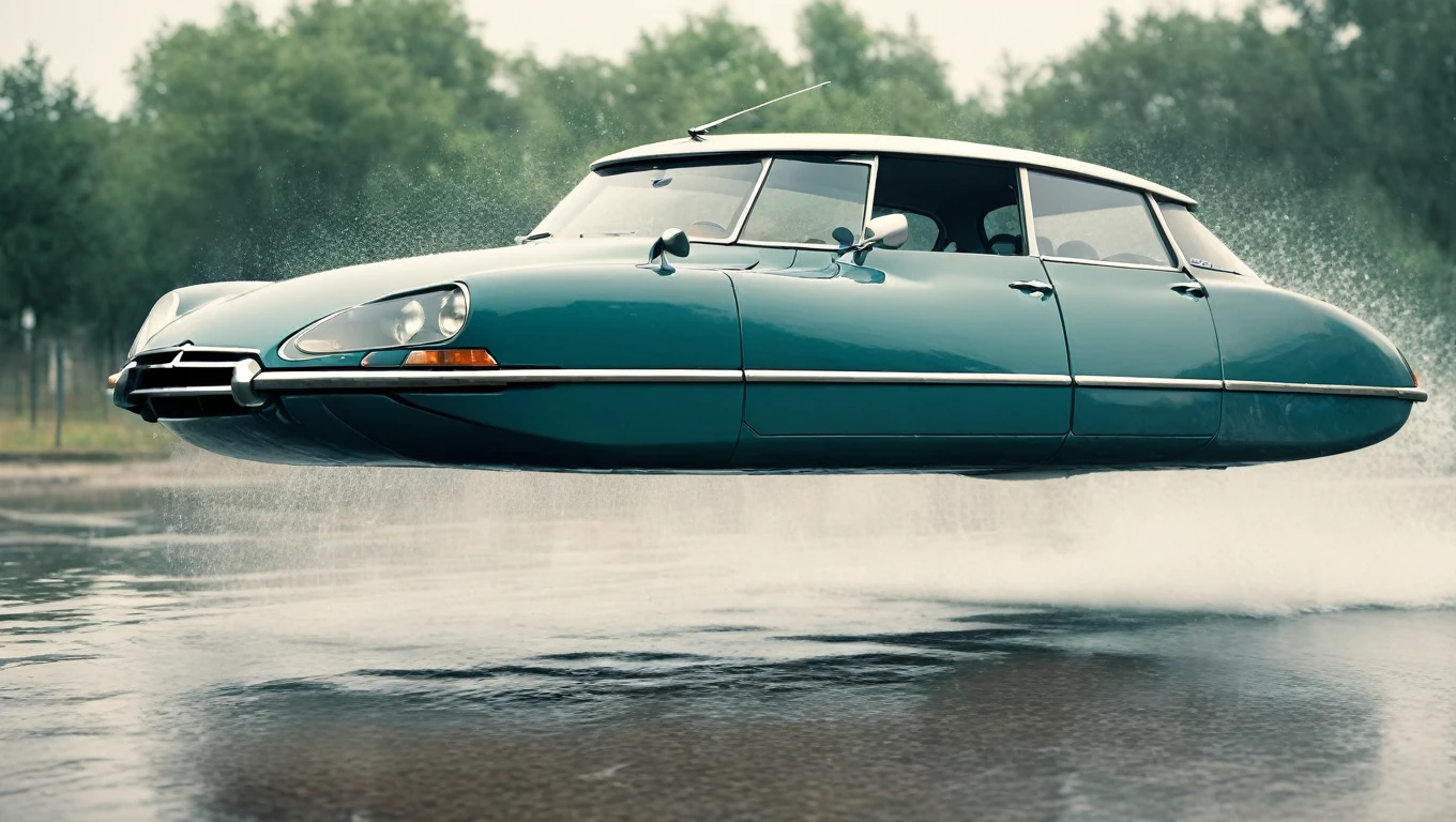 photo of futuristic hovering car, citroen ds , without wheels, Science fiction, Science fiction, retrofuturistic, high speed cinematic chase, splashing water, raining , Depth of field, motion-blur, terrified driver, hovering_car