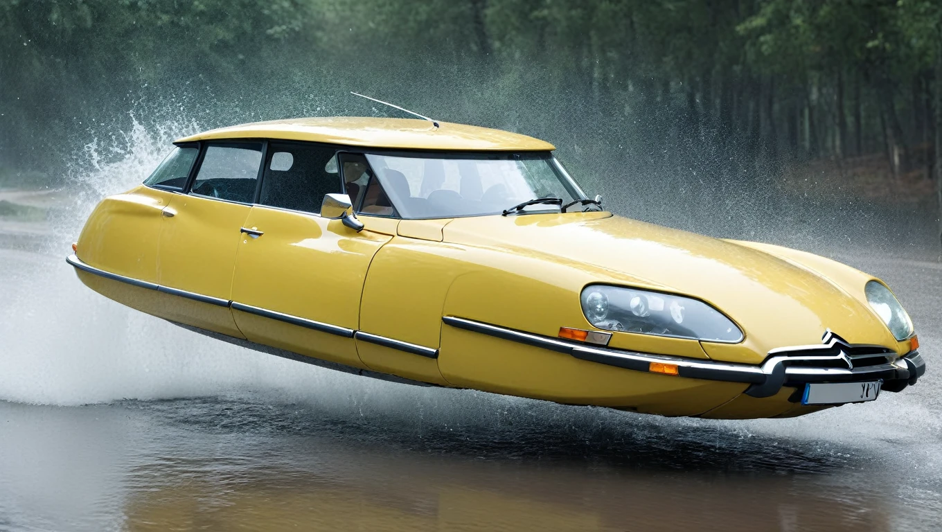 photo of futuristic hovering car, citroen ds , without wheels, Science fiction, Science fiction, retrofuturistic, high speed cinematic chase, splashing water, raining , Depth of field, motion-blur, terrified driver, hovering_car