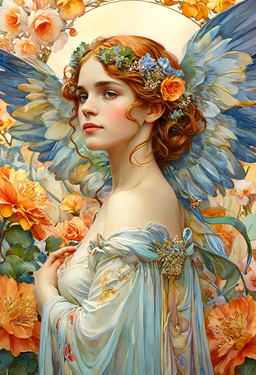 Depicts a beautiful angel woman(Abundia) with flowers in her hair, Emma Watson, highly detailed watercolor painting, style by Alfons Maria Mucha and Gustav Kirmut, Art Nouveau details, etheric being, Anthropomorphic woman, Female figure, Detailed cover art, How the Goddess of Flowers, Alphonse Mucha, Gustav Klimt, Pale skin, Marble sculpture, society, Gothic art, Art Nouveau, Behance contest winner
