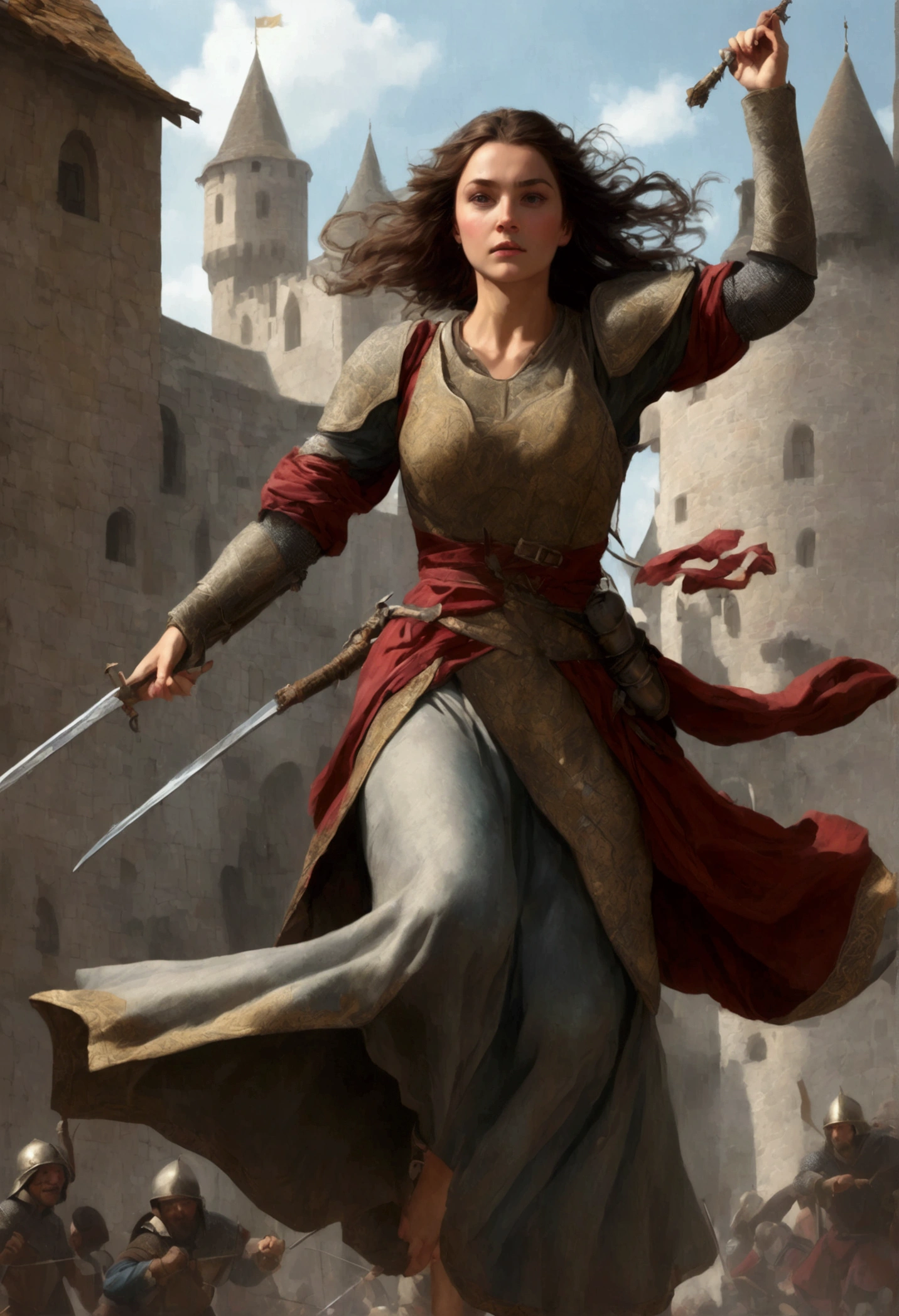 ((high quality)),(Ultra-high resolution),(Very detailed),(Detailed description),(best illustration),(A masterpiece),Ultra-precise art,amazing drawing art, a medieval woman, attack position, fight scene, medieval theme, dynamic pose