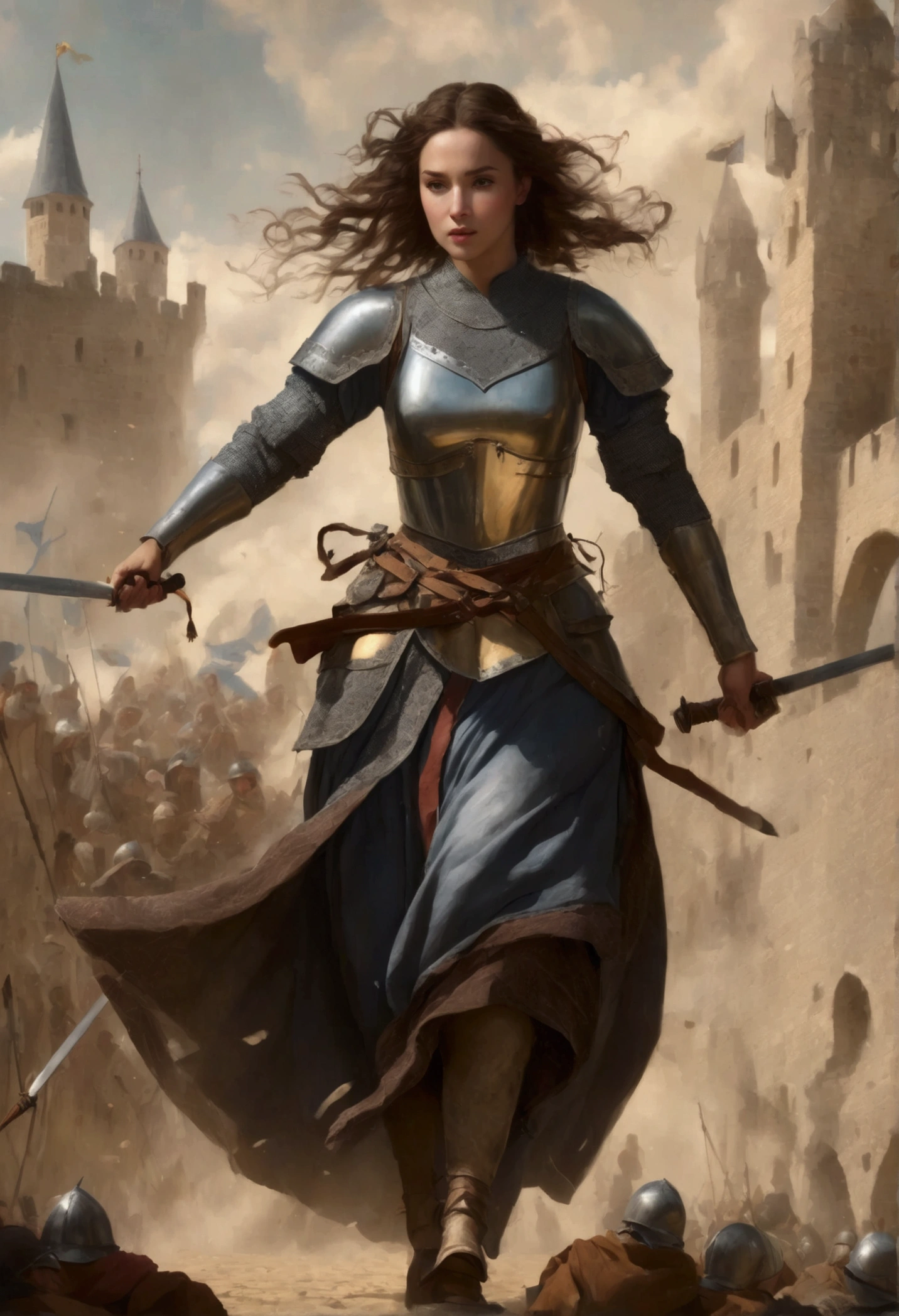((high quality)),(Ultra-high resolution),(Very detailed),(Detailed description),(best illustration),(A masterpiece),Ultra-precise art,amazing drawing art, a medieval woman, attack position, fight scene, medieval theme, dynamic pose
