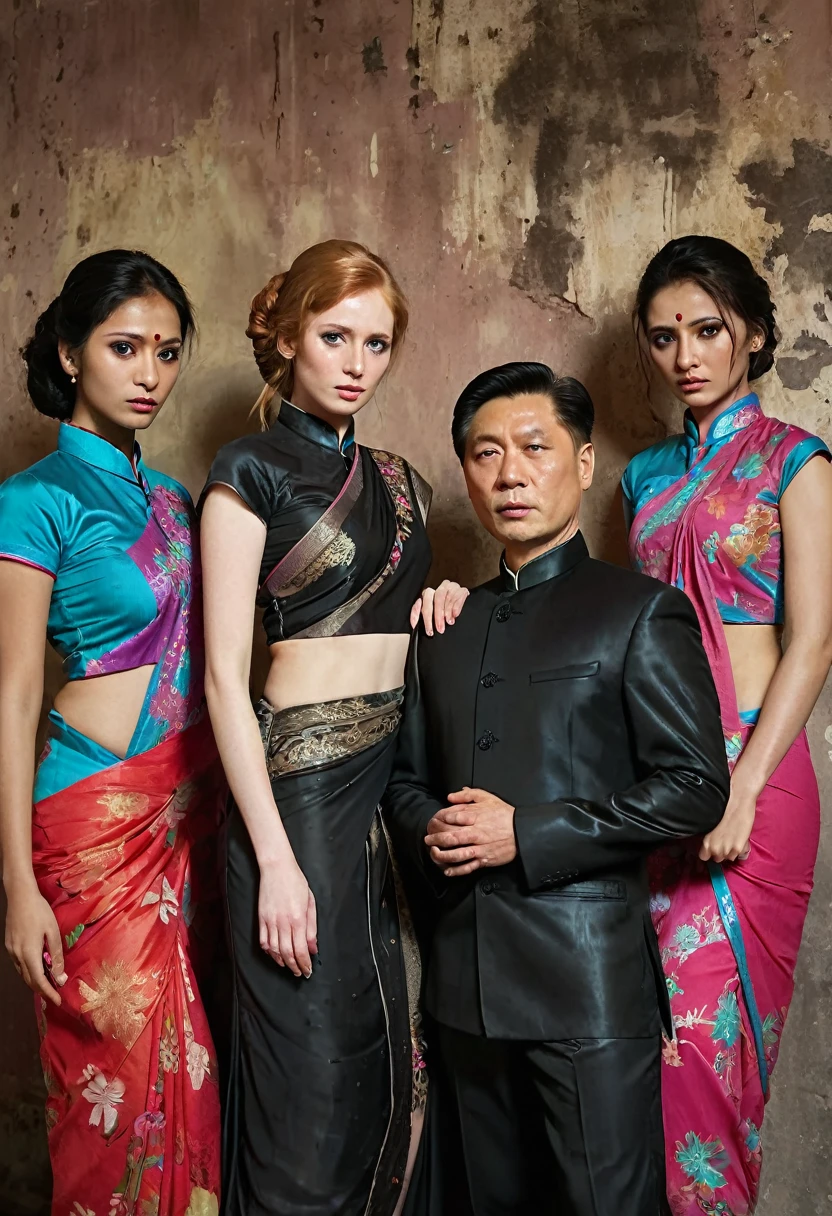 1man, 5girls, A man in the middle surrounded by 5 women, one Indian woman brunette wearing a sari with intricate patterns and vibrant colors, which is slightly dirty and torn, one American redhead twin braid woman dressed in a modern outfit and beaded accessories, with signs of wear and tear; one Chinese woman clad in a qipao (cheongsam) with elegant floral designs, which is dirty and torn in places; one Russian blond woman wearing a tight black shiny outfit, slightly soiled and damaged; and one man dressed formally , showing signs of dirt and wear.They are trapped in a dimly lit room, with their clothing dirty and torn, indicating they have been there for some time. The room is small and confined, with bare walls and a sense of despair. The characters' expressions should reflect their emotional state, capturing a moment of tension and unease. The image should be highly realistic, with detailed textures and lifelike features, dull brownish lighting