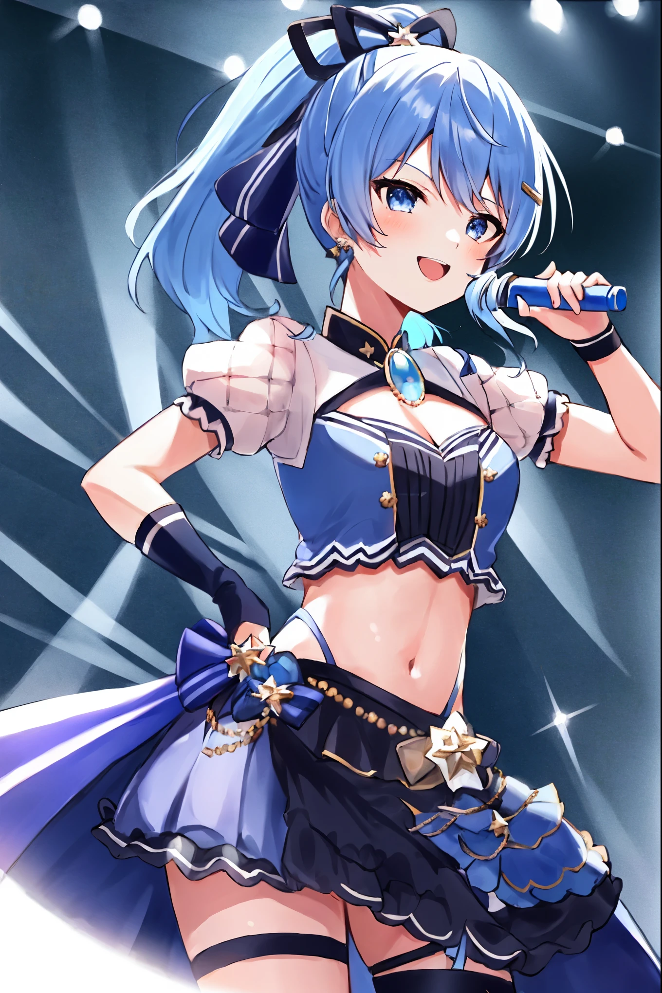 masterpiece, best quality, absurdres, 1girl, solo, Hoshimachi Suisei, light blue hair, blue eyes, happy, smile, parted lips, slender, sidelocks, ponytail, toned, 
idol, idol clothes, ho****ve idol uniform, bowtie, blue skirt, brooch, dress, concert, on stage, frilled skirt, jewelry, layered dress, short sleeves, tiara, midriff, thighhighs(,shout:1.5),.(open_mouth:1.3),singing,(angry:0.6), (glare:0.6), idle_live,audience_landscape,light up_girl,solo,shiny_effects,smile。joy,happy,(slanted_eyes:1.3)