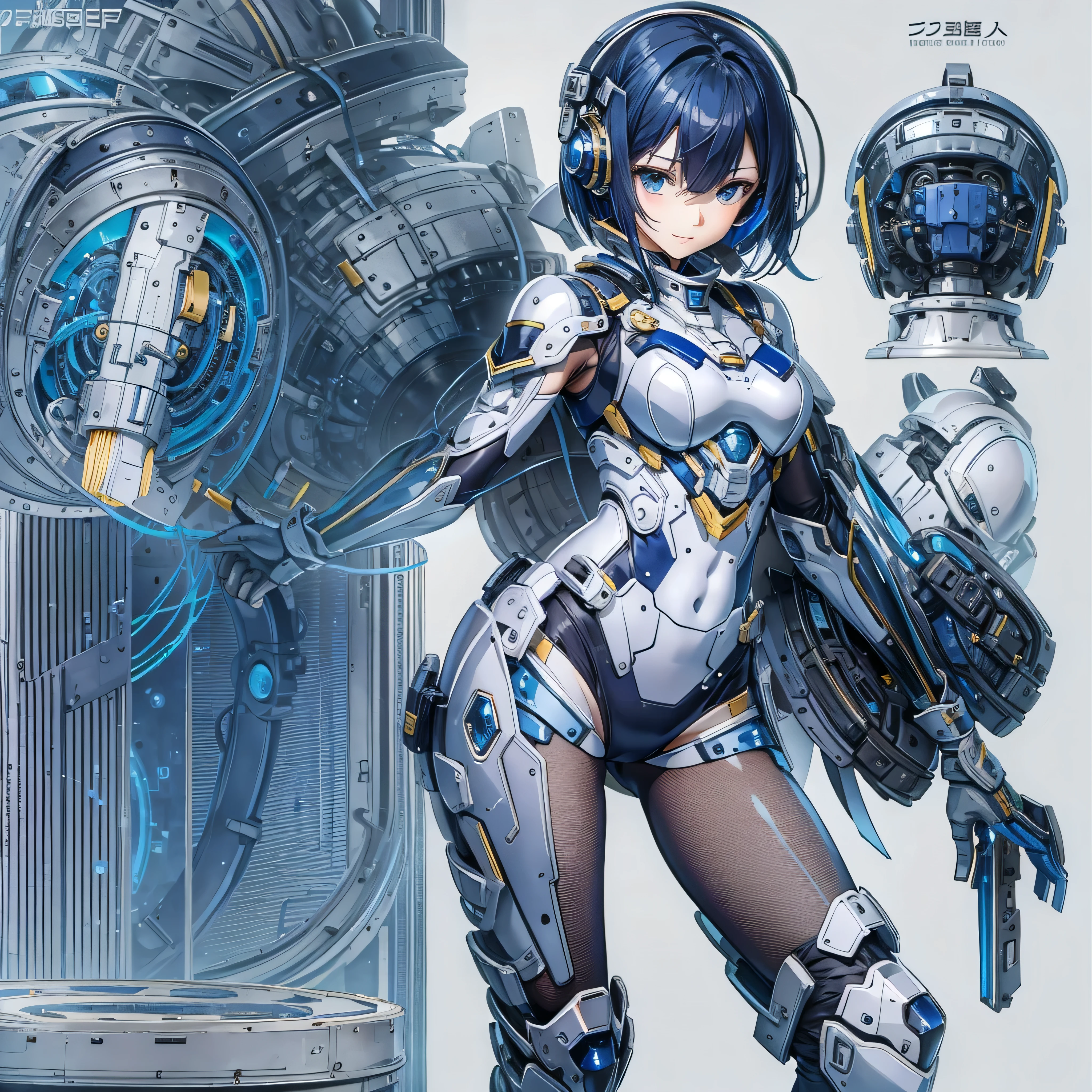 (masterpiece、Highest quality、Highest Resolution、Clear_image、Detailed details、Angle from above): (Whole body、One 20 year old girl、Japanese Faces、Small Face、Slender、Navy blue super short bob cut hair、(Hidden small breasts:1.3)、Sparkling blue eyes、Shiny pilot suit in blue and black colors、Chest protection armor、Tight fitting clothes、Clothing that covers the whole body、Glamorous clothes、Tight Fit Pants、Hide your skin、Very delicate and beautiful、Detailed Skin、hide thighs、Hide your ass、Cute、A gentle smile、Soft expression、heroine、headset、Knee-high boots、Elbow-length gloves、Eye Level Shot、Face directly、Woman on a spaceship)