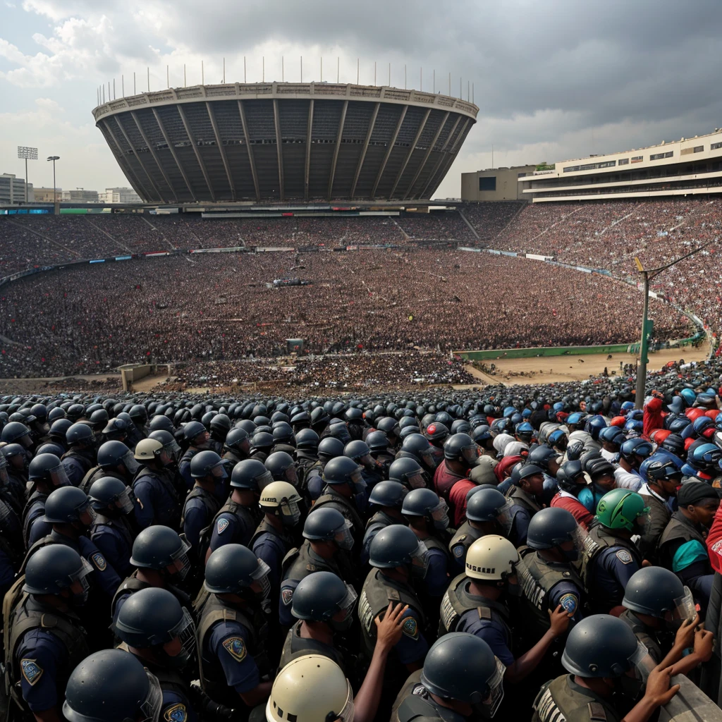 A dramatic scene at the National Stadium in Lagos, Nigeria, depicting a clash between protesters and security forces. The image should capture a chaotic atmosphere with protesters holding banners demanding justice and accountability, while police in riot gear are seen using tear gas. The stadium is partially visible in the background, emphasizing the deserted and tense environment. The sky is overcast to reflect the seriousness of the situation.