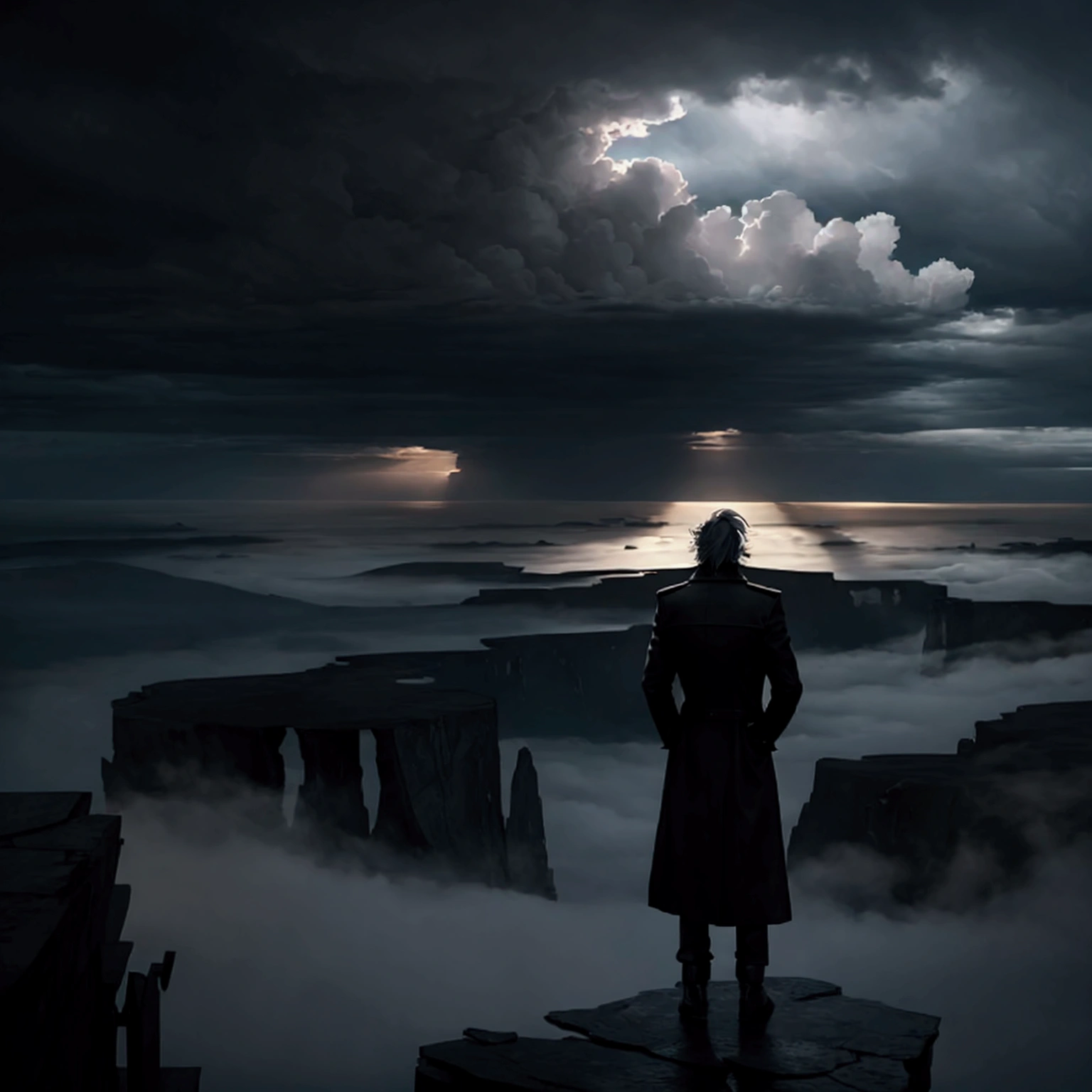 "Picture a lonely man in dark colors, standing on the edge of a cliff, looking down into the abyss. The man is dressed in a dark coat, his hair blowing in the wind. Around him is a bleak, foggy landscape, with bare trees in the background. The sky is covered with thick gray clouds, creating the feeling of a storm approaching. There is a faint light on the horizon in the distance, symbolizing a glimmer of hope. Use contrasting colors and dramatic lighting to enhance the emotional impact."
Steps to create an image:
Man in Dark Colors: The main element is a lone man in a dark coat standing on the edge of a cliff, his hair blowing in the wind.
Gloomy Landscape and Fog: The person is surrounded by a foggy landscape with bare trees in the background, creating an atmosphere of isolation and despair.
Thick Gray Clouds: The sky is covered with thick gray clouds, adding to the feeling of an impending storm.
Faint Light on the Horizon: There is a faint light on the horizon breaking through the clouds, symbolizing hope.
Contrasting Colors and Lighting: Use strong contrasts between light and shadow to create a dramatic effect and attract attention.