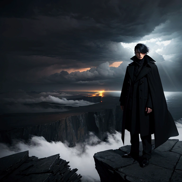 "Picture a lonely man in dark colors, standing on the edge of a cliff, looking down into the abyss. The man is dressed in a dark coat, his hair blowing in the wind. Around him is a bleak, foggy landscape, with bare trees in the background. The sky is covered with thick gray clouds, creating the feeling of a storm approaching. There is a faint light on the horizon in the distance, symbolizing a glimmer of hope. Use contrasting colors and dramatic lighting to enhance the emotional impact."

Steps to create an image:
Man in Dark Colors: The main element is a lone man in a dark coat standing on the edge of a cliff, his hair blowing in the wind.
Gloomy Landscape and Fog: The person is surrounded by a foggy landscape with bare trees in the background, creating an atmosphere of isolation and despair.
Thick Gray Clouds: The sky is covered with thick gray clouds, adding to the feeling of an impending storm.
Faint Light on the Horizon: There is a faint light on the horizon breaking through the clouds, symbolizing hope.
Contrasting Colors and Lighting: Use strong contrasts between light and shadow to create a dramatic effect and attract attention.