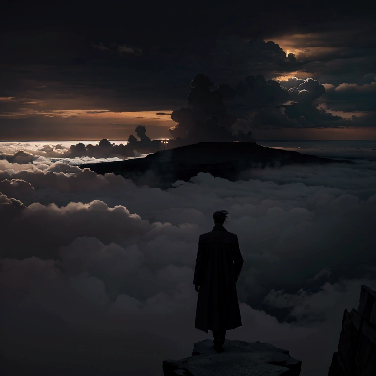 "Picture a lonely man in dark colors, standing on the edge of a cliff, looking down into the abyss. The man is dressed in a dark coat, his hair blowing in the wind. Around him is a bleak, foggy landscape, with bare trees in the background. The sky is covered with thick gray clouds, creating the feeling of a storm approaching. There is a faint light on the horizon in the distance, symbolizing a glimmer of hope. Use contrasting colors and dramatic lighting to enhance the emotional impact."

Steps to create an image:
Man in Dark Colors: The main element is a lone man in a dark coat standing on the edge of a cliff, his hair blowing in the wind.
Gloomy Landscape and Fog: The person is surrounded by a foggy landscape with bare trees in the background, creating an atmosphere of isolation and despair.
Thick Gray Clouds: The sky is covered with thick gray clouds, adding to the feeling of an impending storm.
Faint Light on the Horizon: There is a faint light on the horizon breaking through the clouds, symbolizing hope.
Contrasting Colors and Lighting: Use strong contrasts between light and shadow to create a dramatic effect and attract attention.